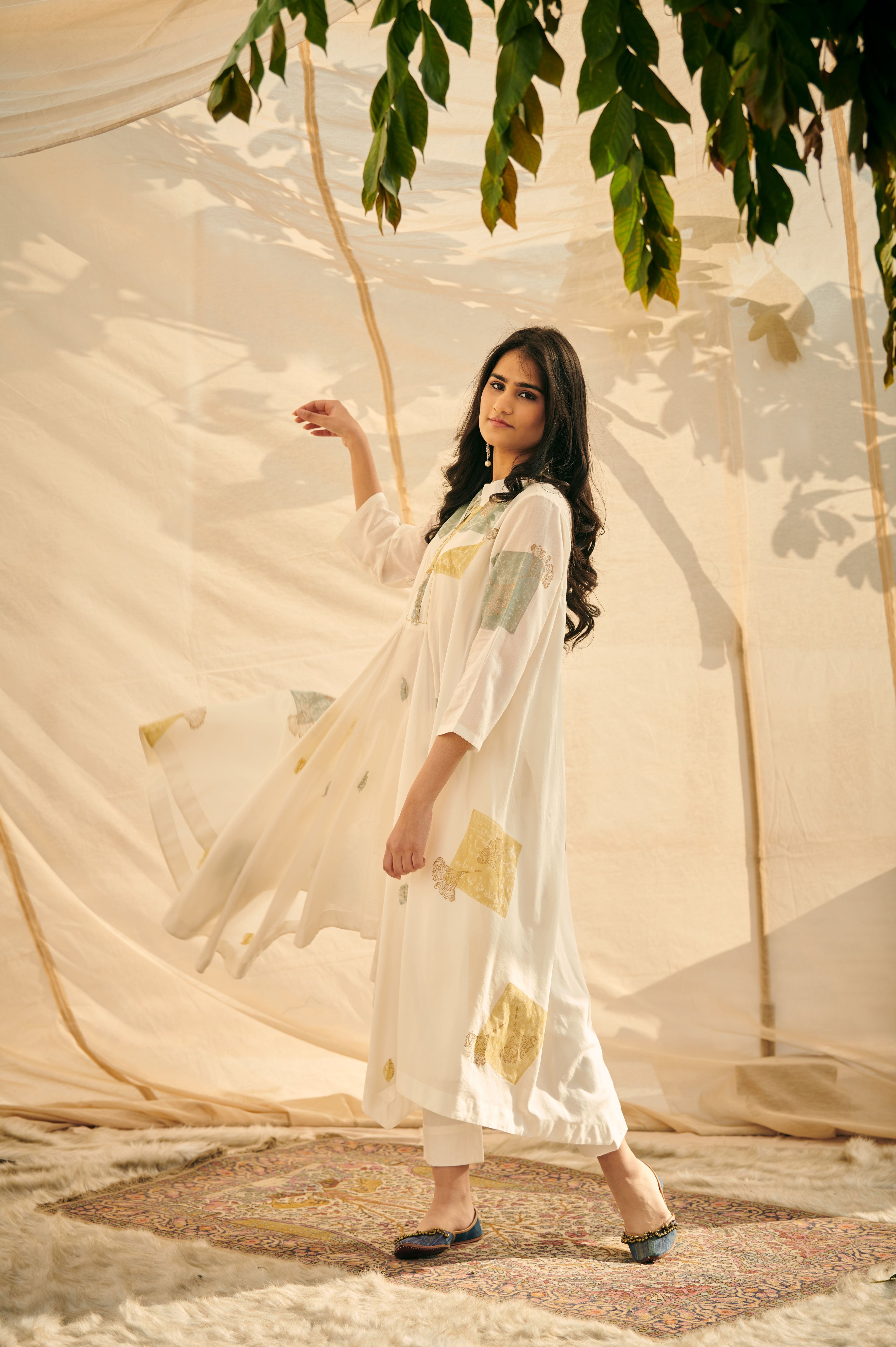 White Asymmetrical Block Print Kurta Set