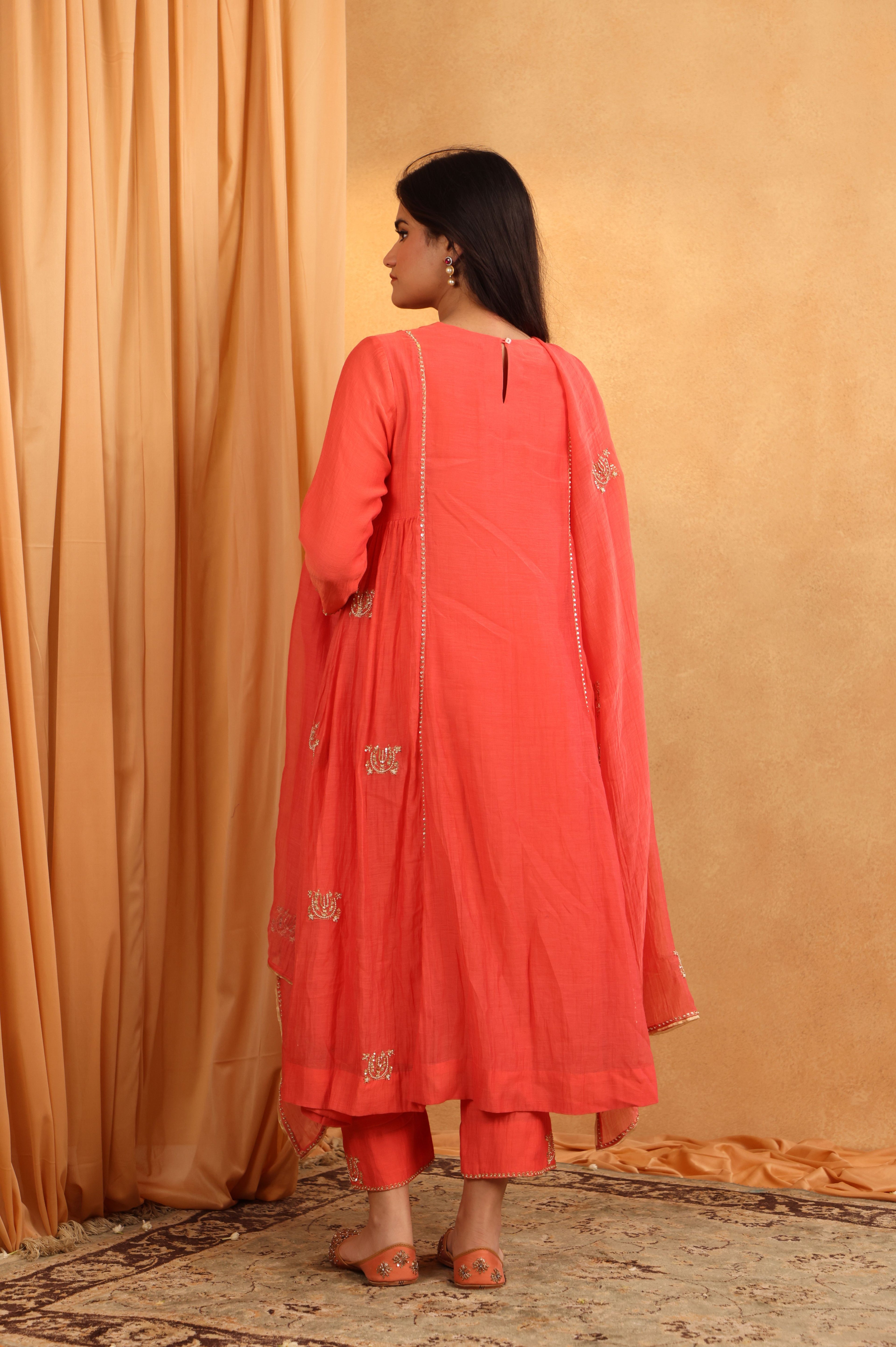 Coral Chanderi Embroidered Suit Set