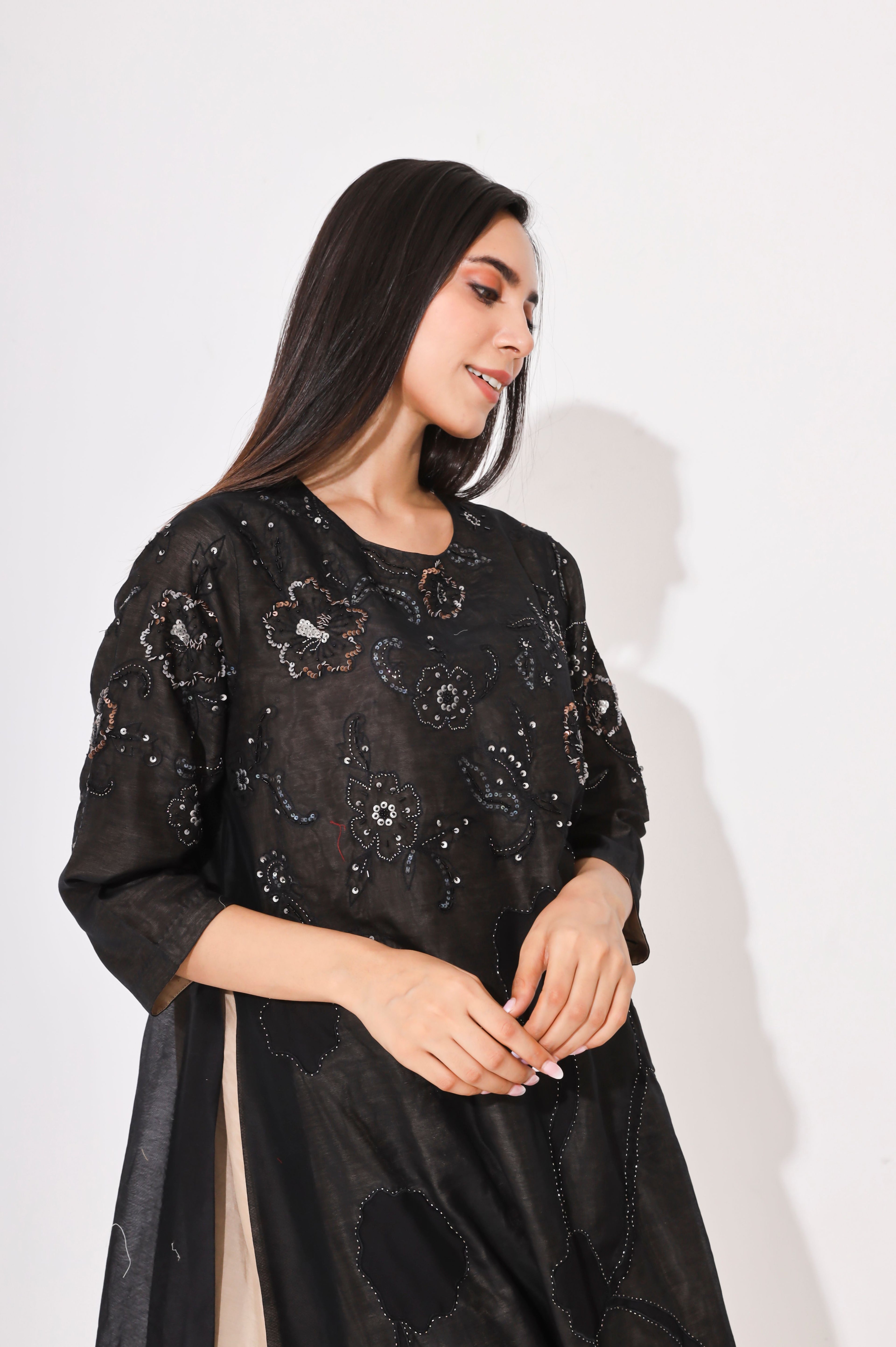 Black Chanderi Patchwork Suit Set