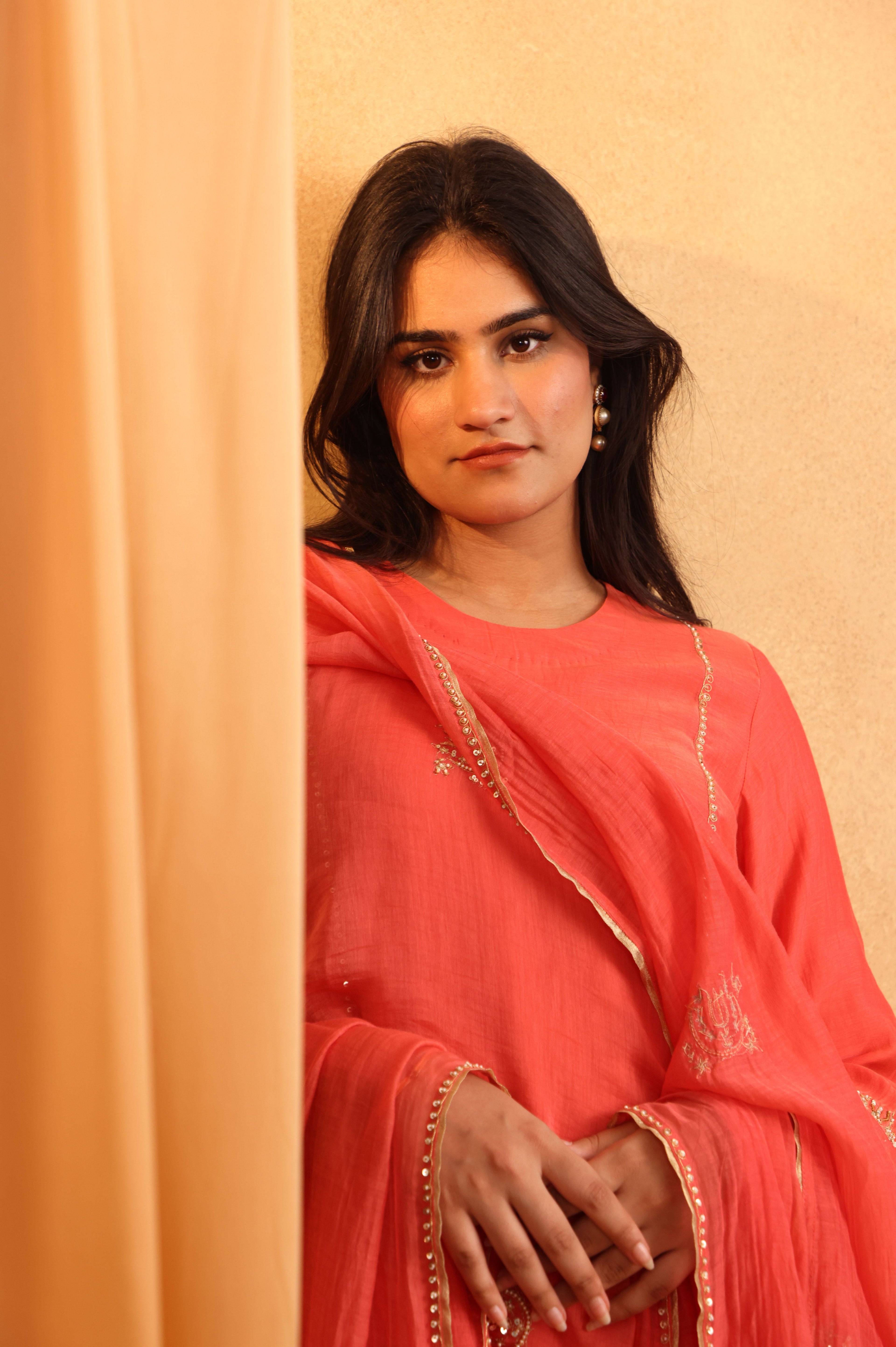 Coral Chanderi Embroidered Suit Set