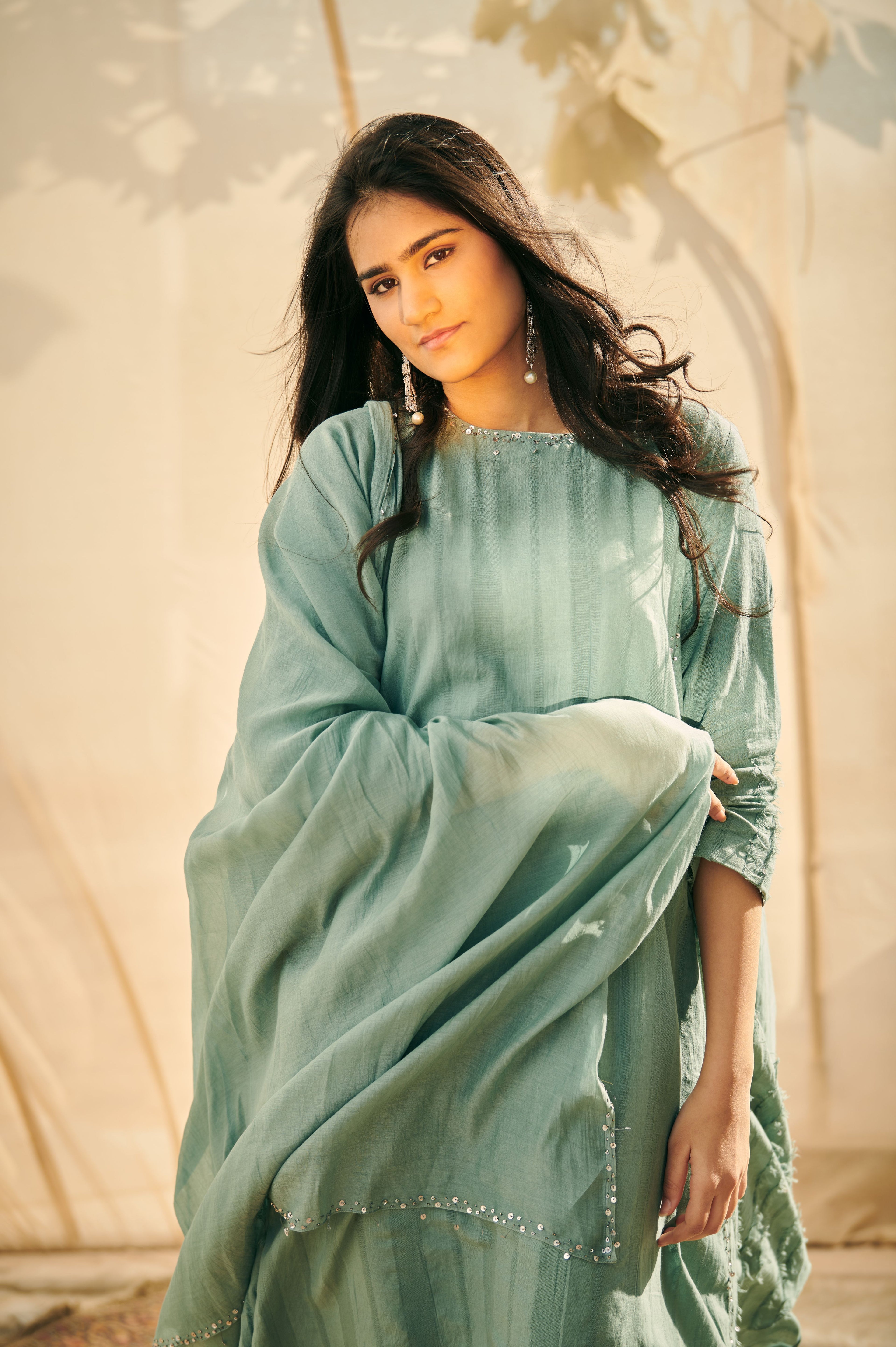 Teal Cotton Chanderi Suit Set