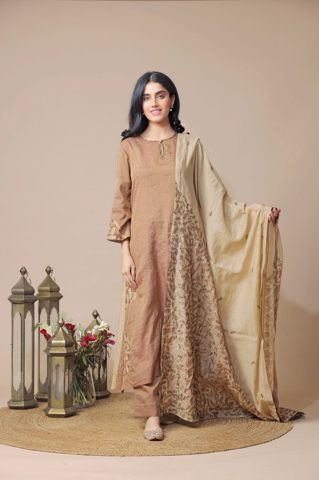 Brown Beige Tissue Chanderi Kurta Set