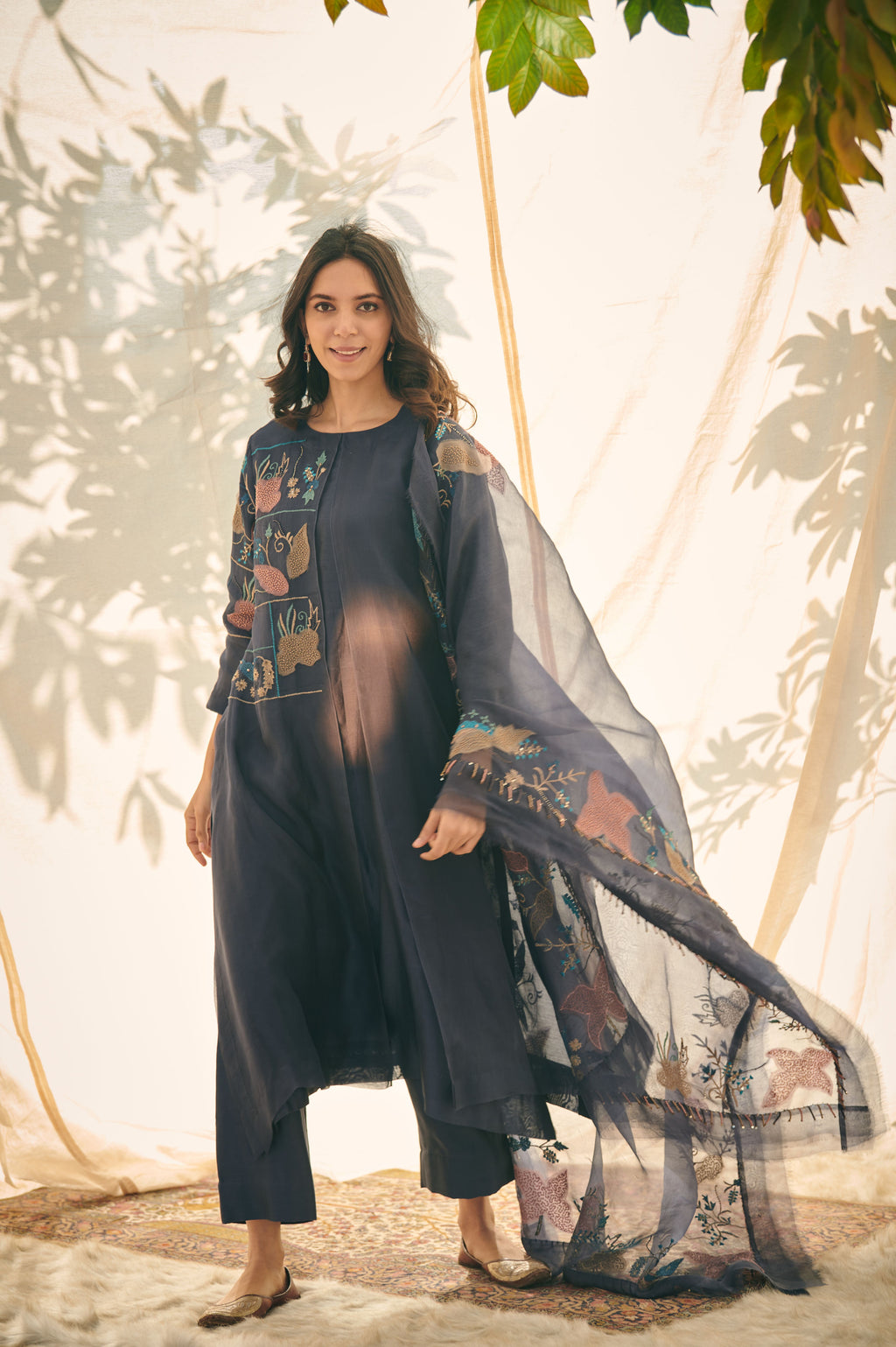 Blue Chanderi Organza Panel Suit