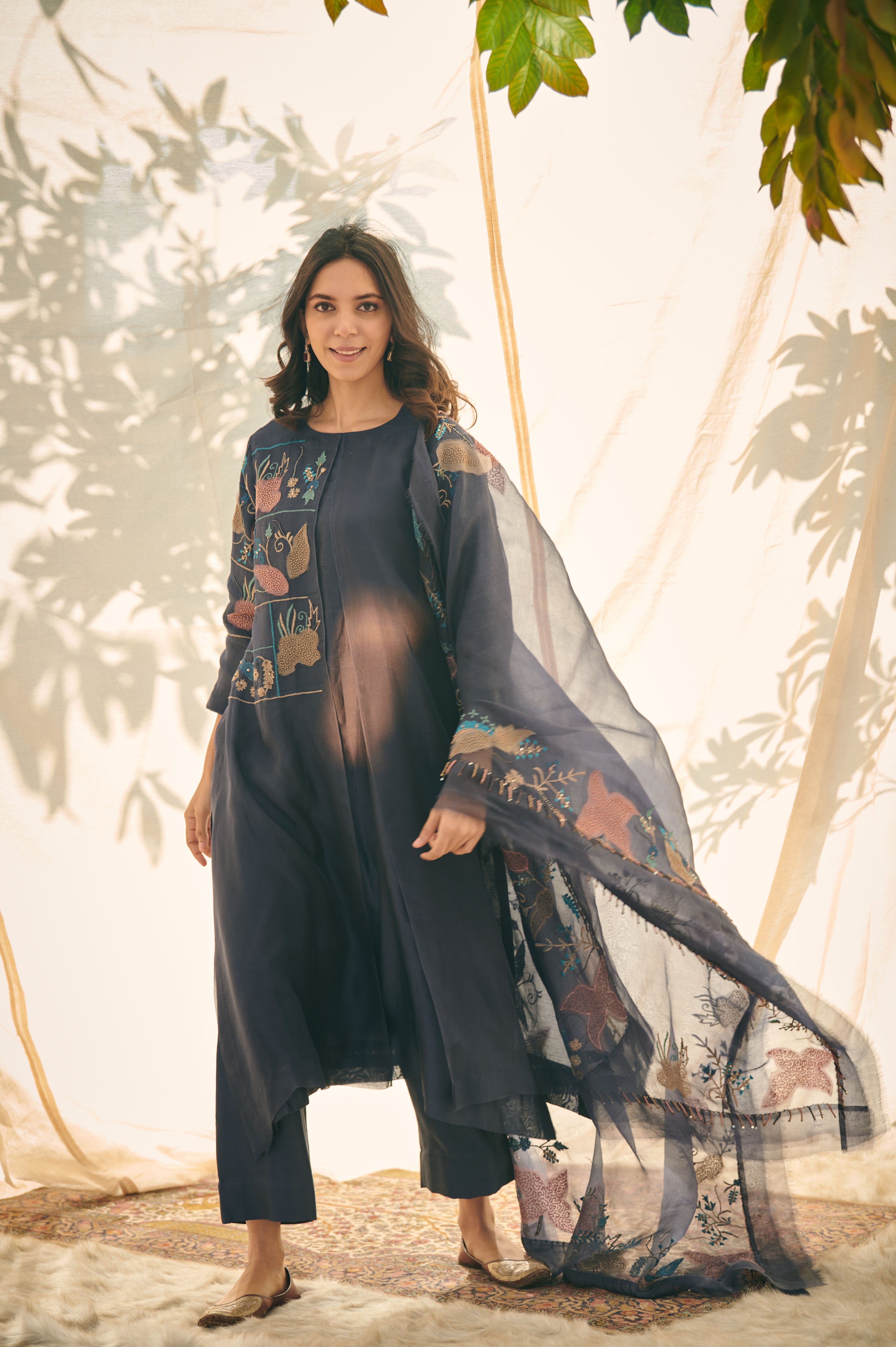 Blue Chanderi Organza Panel Suit
