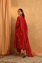 Red Chanderi Embroidered Suit Set