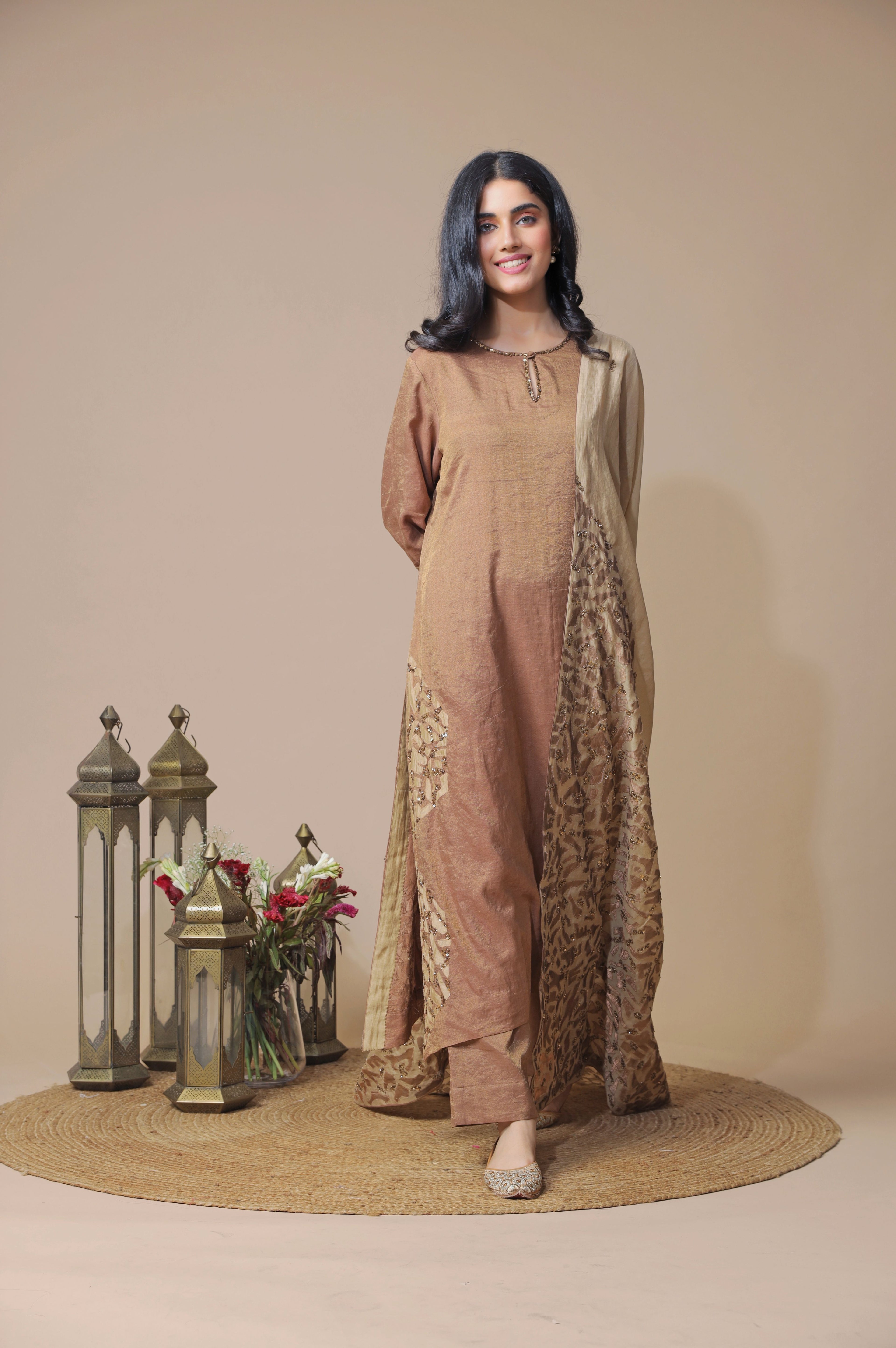 Brown Beige Tissue Chanderi Kurta Set