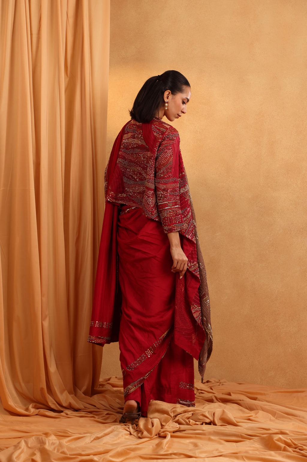 Watermelon Brown Indo-Western Saree Set