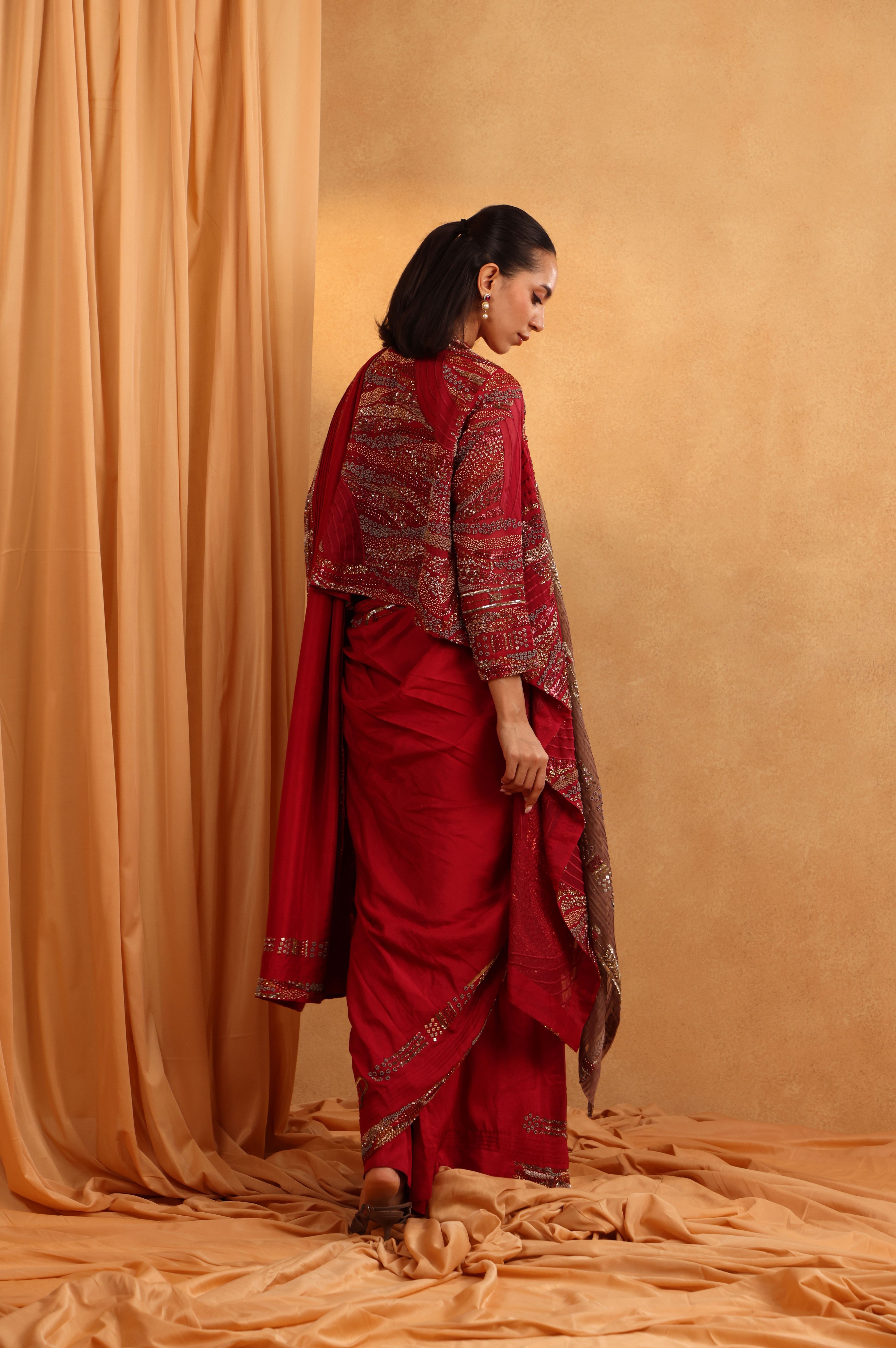 Watermelon Brown Indo-Western Saree Set