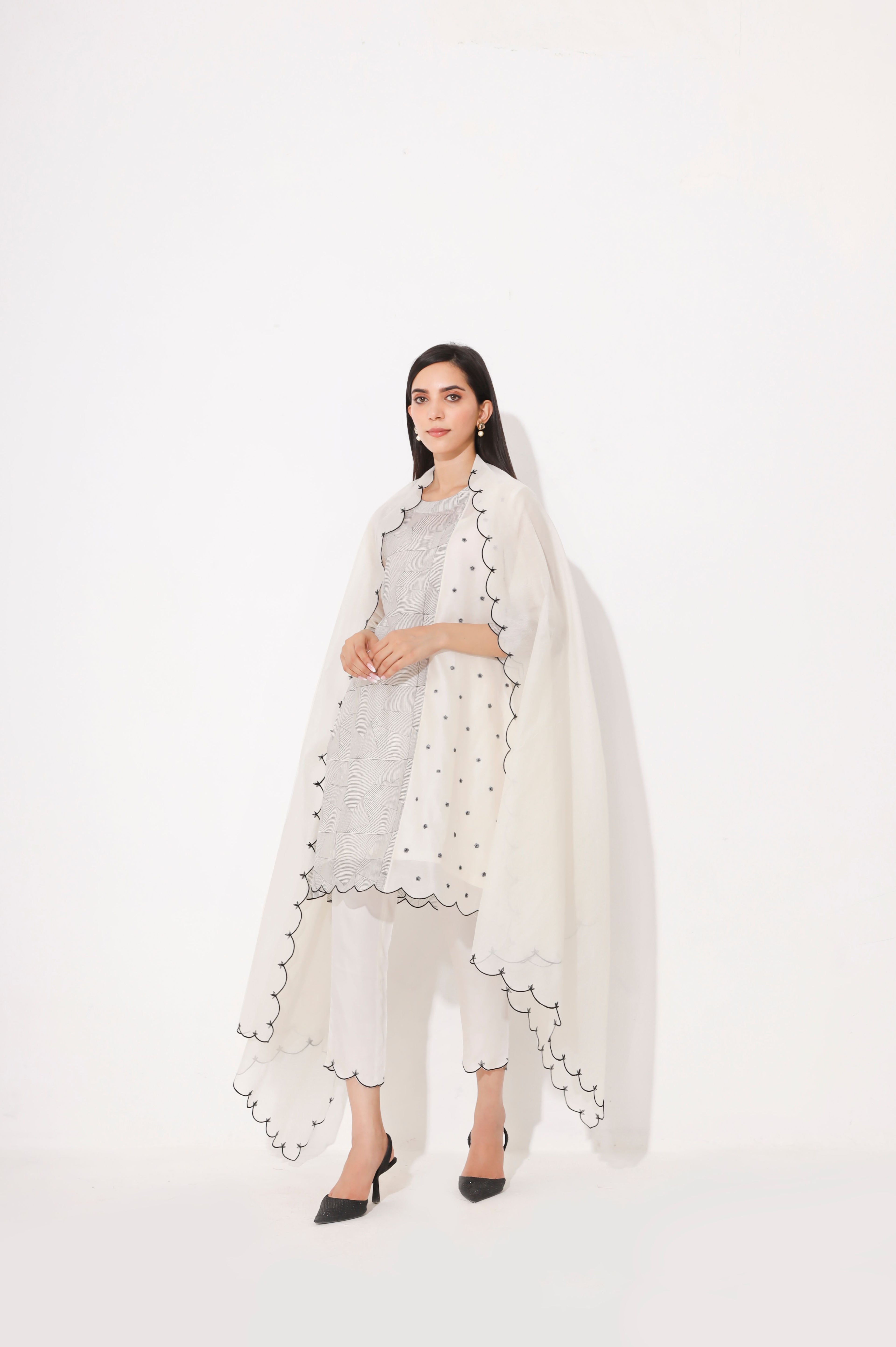 White Black Block Print Chanderi Kurta Set