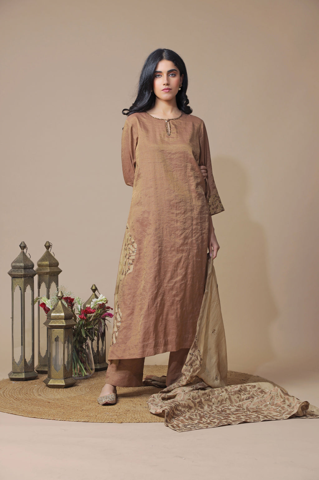 Brown Beige Tissue Chanderi Kurta Set