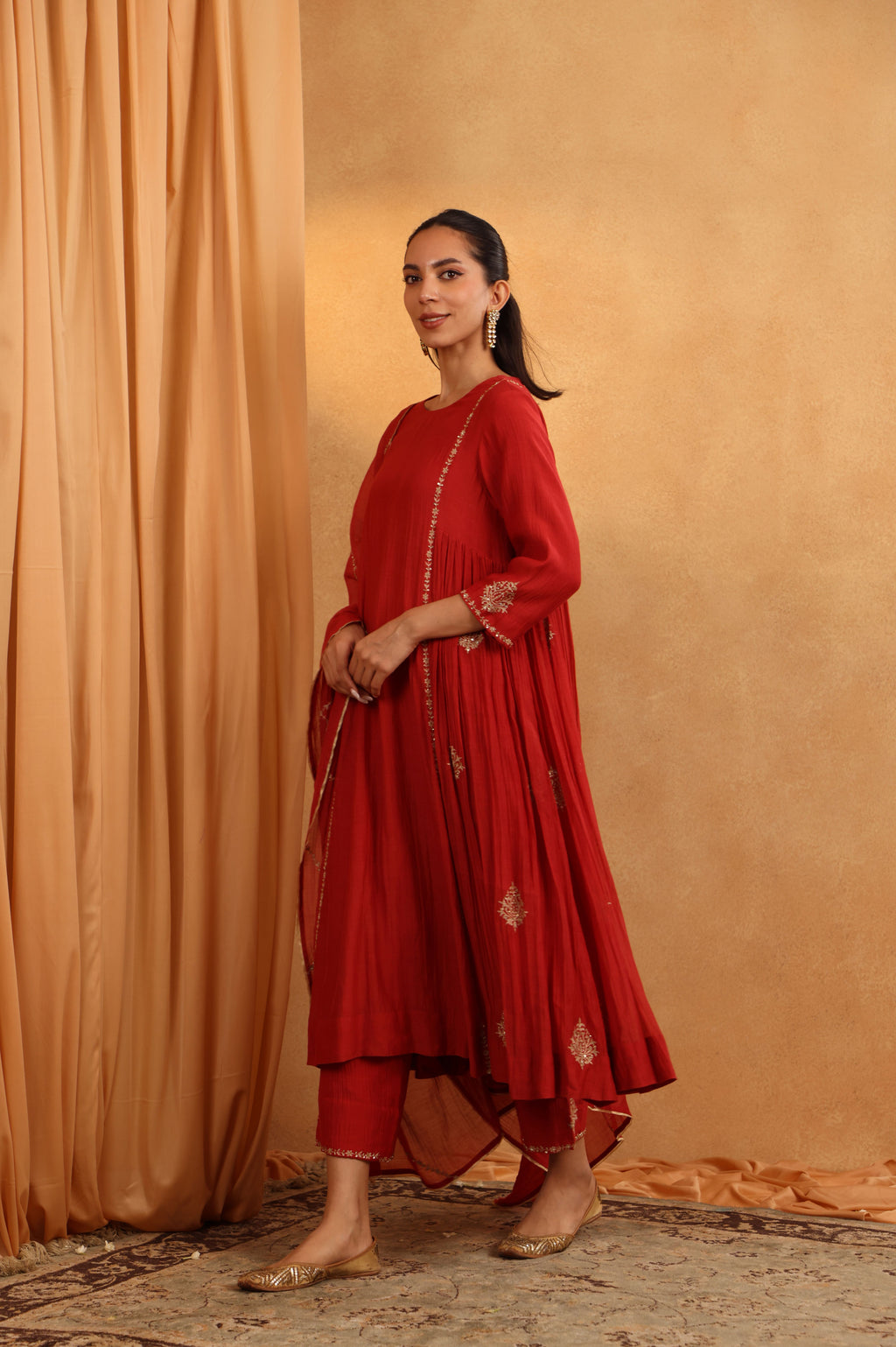 Red Chanderi Embroidered Suit Set