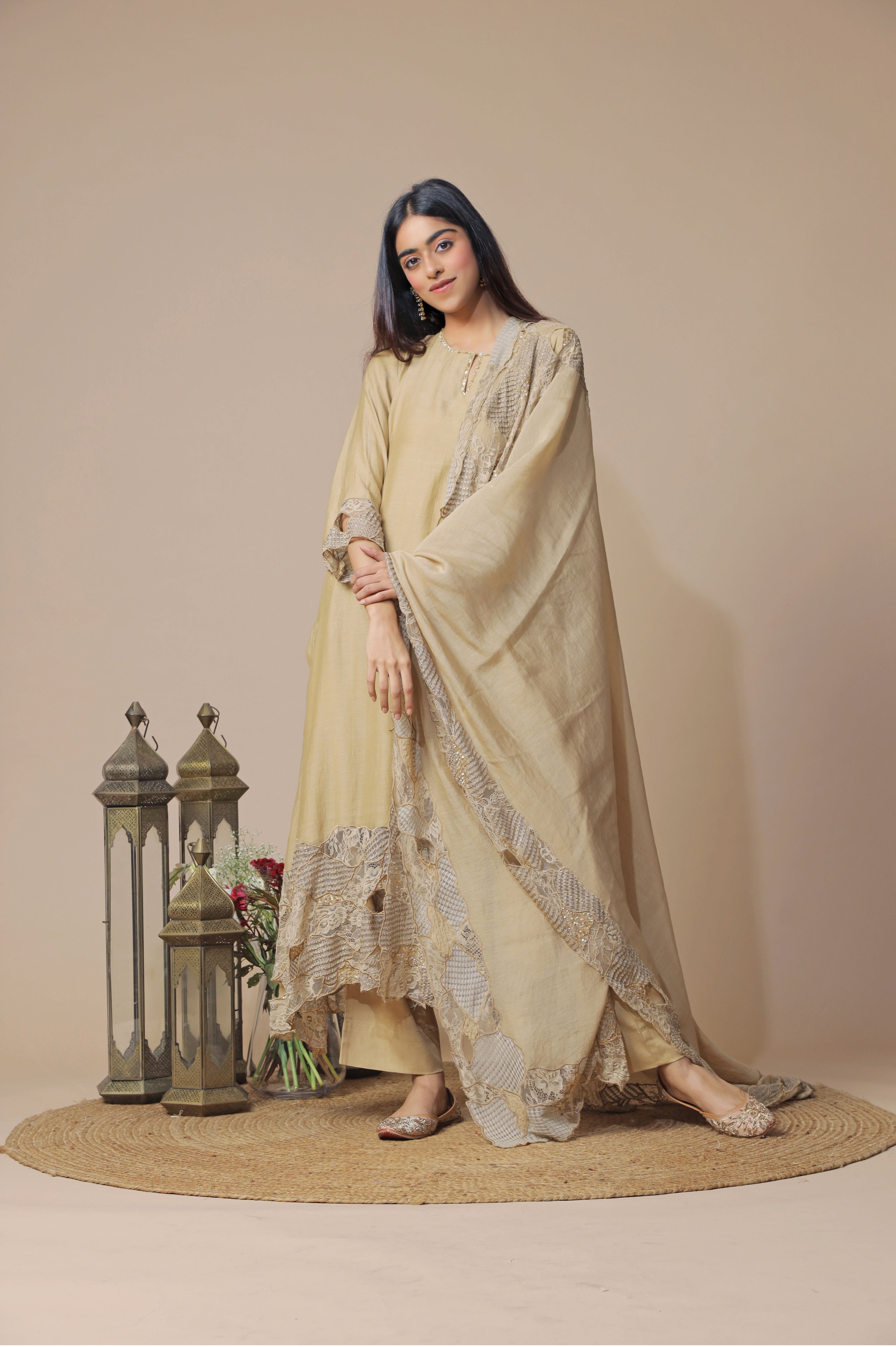 Beige Chanderi Embroidered Kurta Set