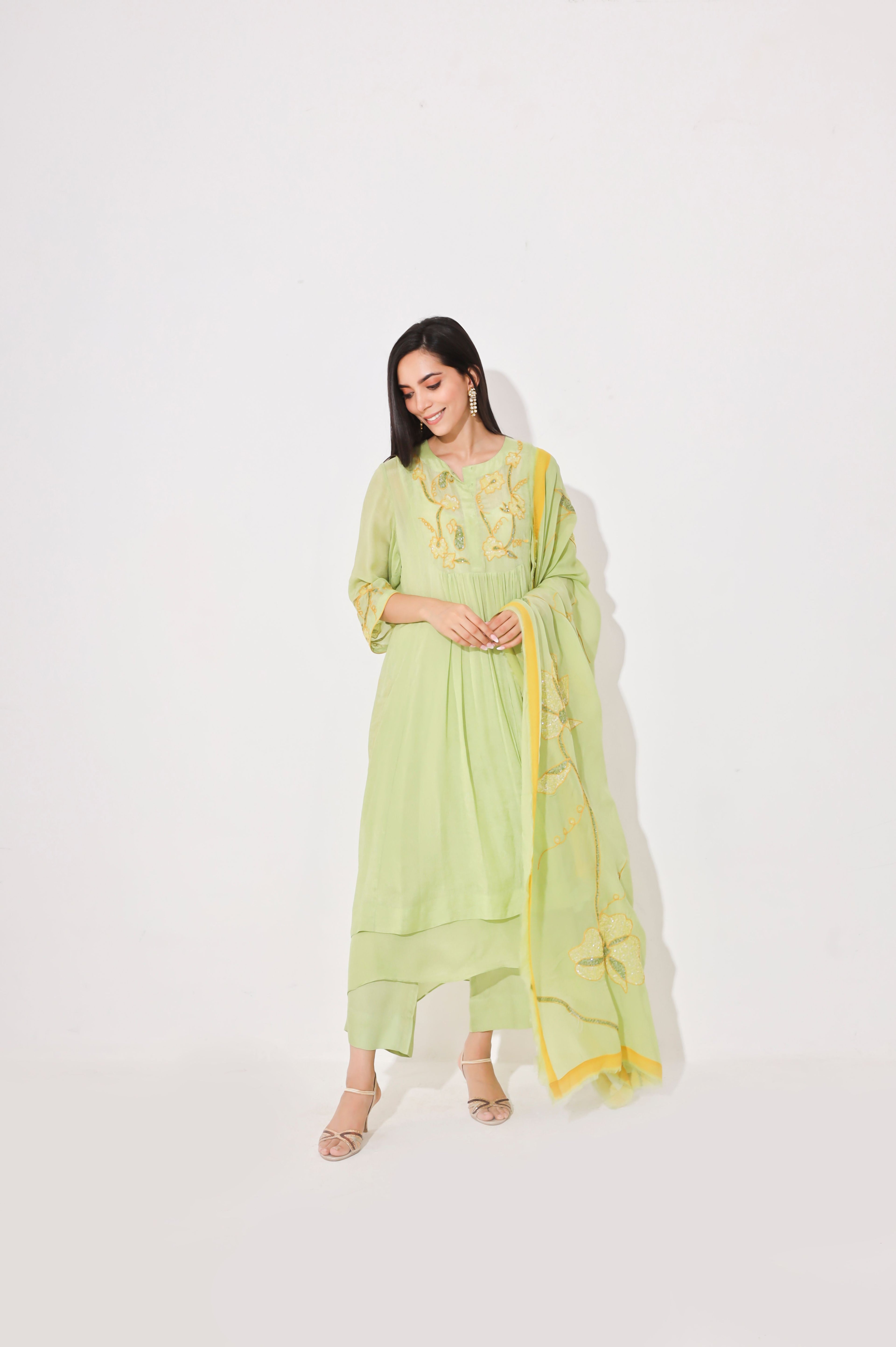Lime Yellow Chinon Chiffon Kurta Set