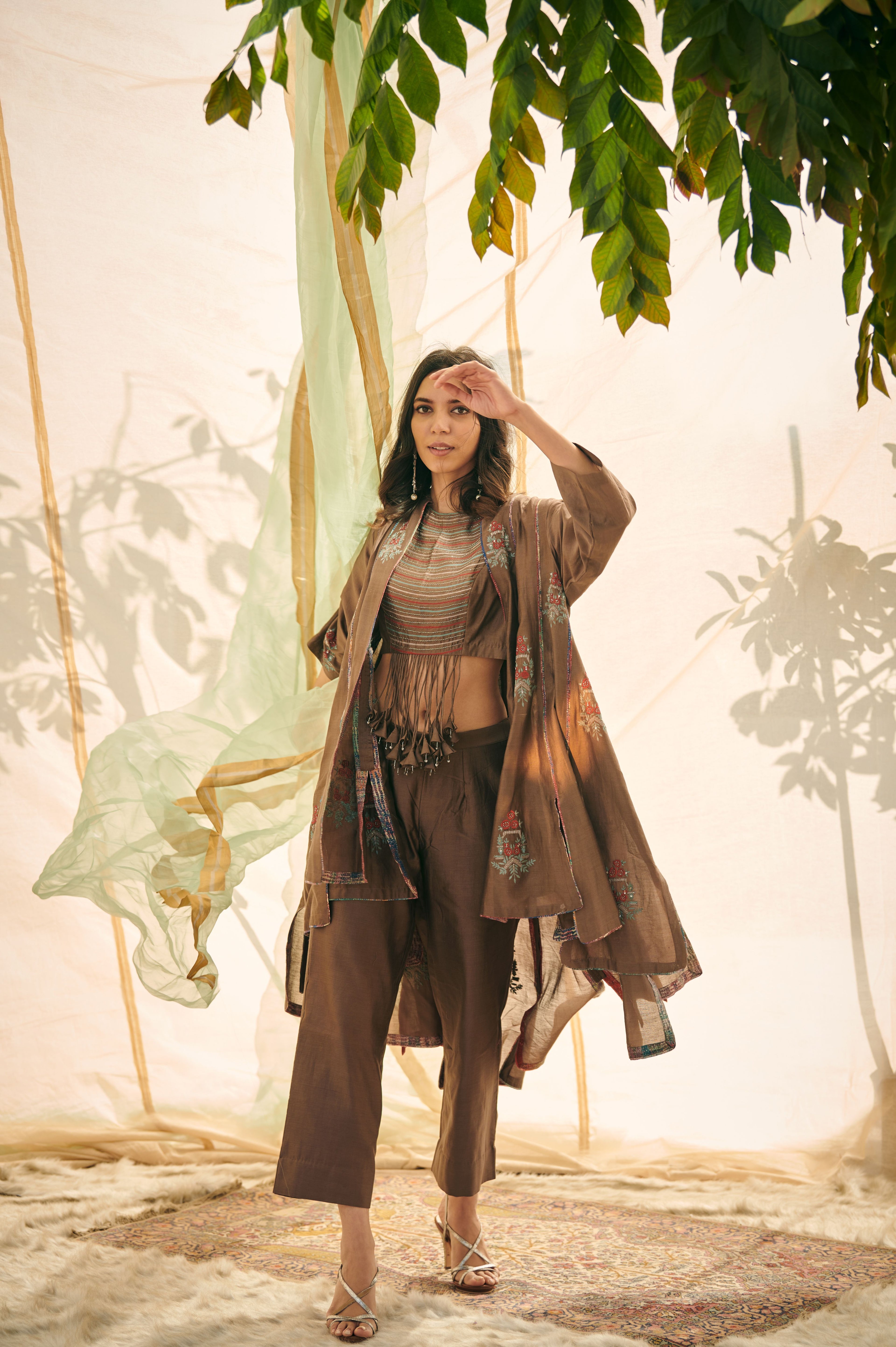 Brown Chanderi Cape Set