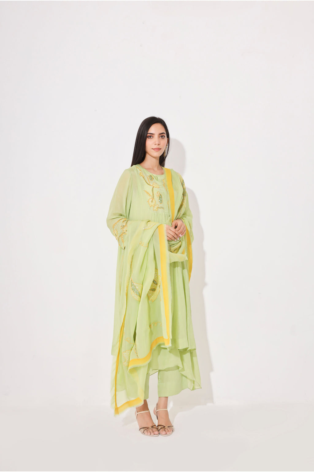 Lime Yellow Chinon Chiffon Kurta Set