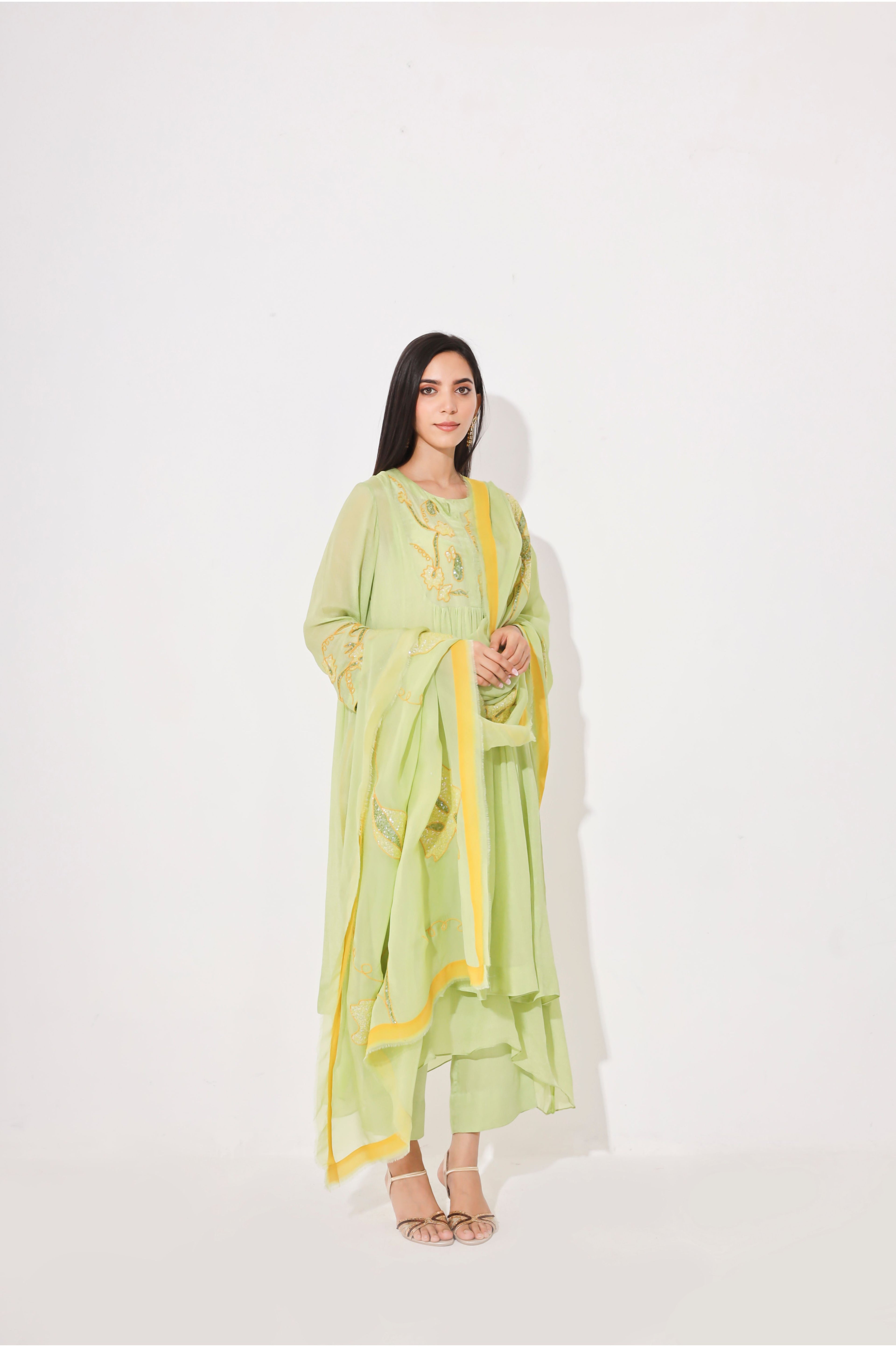 Lime Yellow Chinon Chiffon Kurta Set