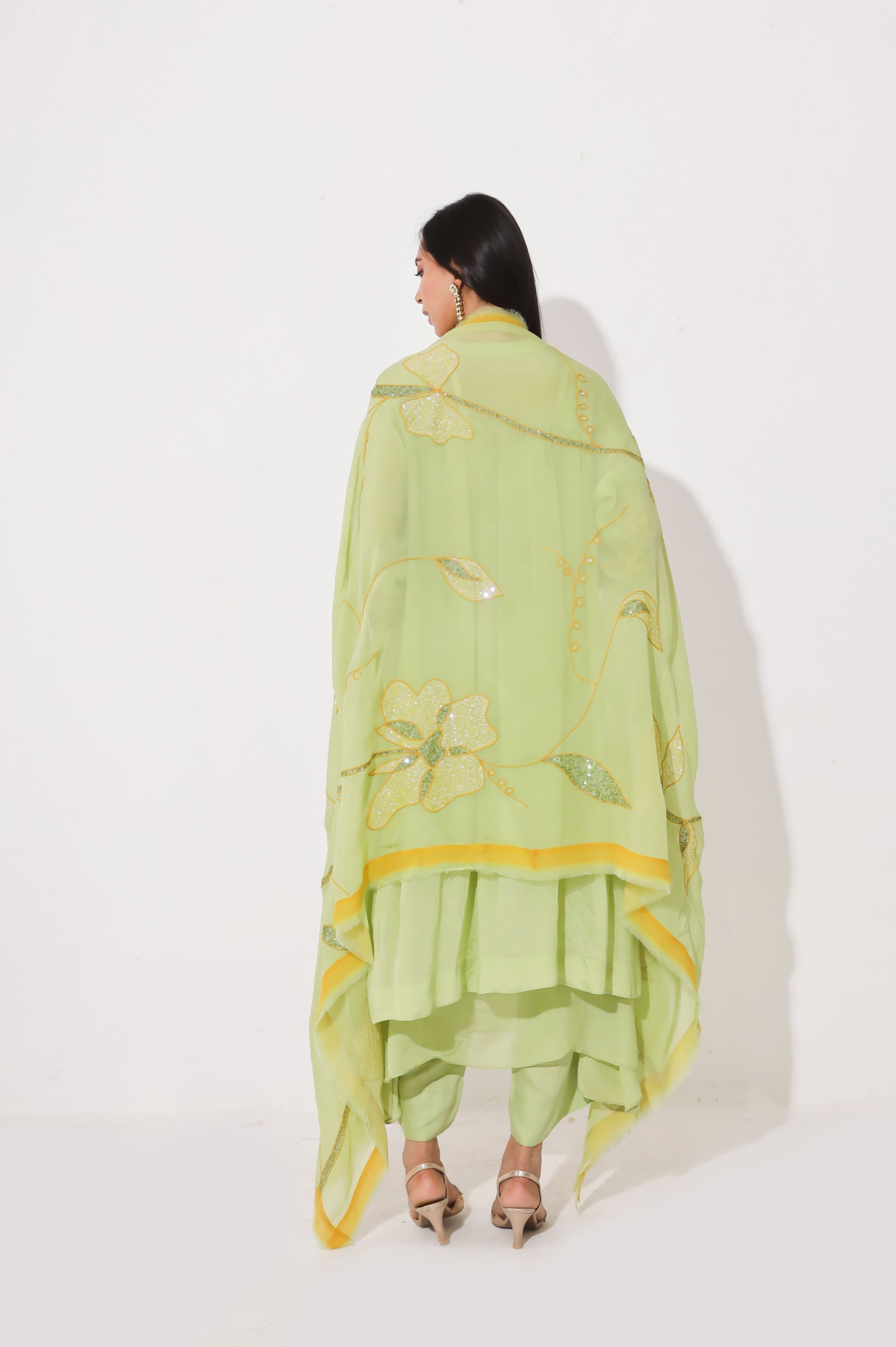 Lime Yellow Chinon Chiffon Kurta Set
