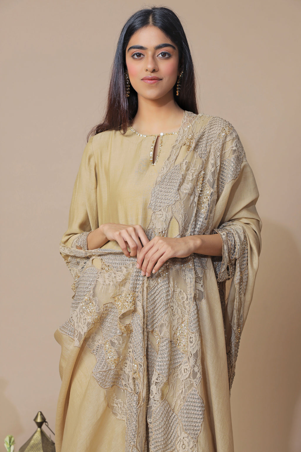 Beige Chanderi Embroidered Kurta Set