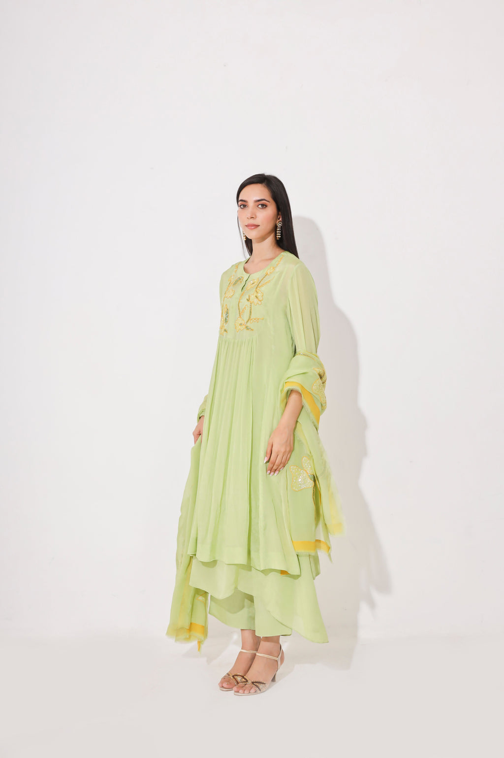 Lime Yellow Chinon Chiffon Kurta Set