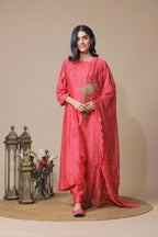 Rasberry Chanderi Embroidered Kurta Set