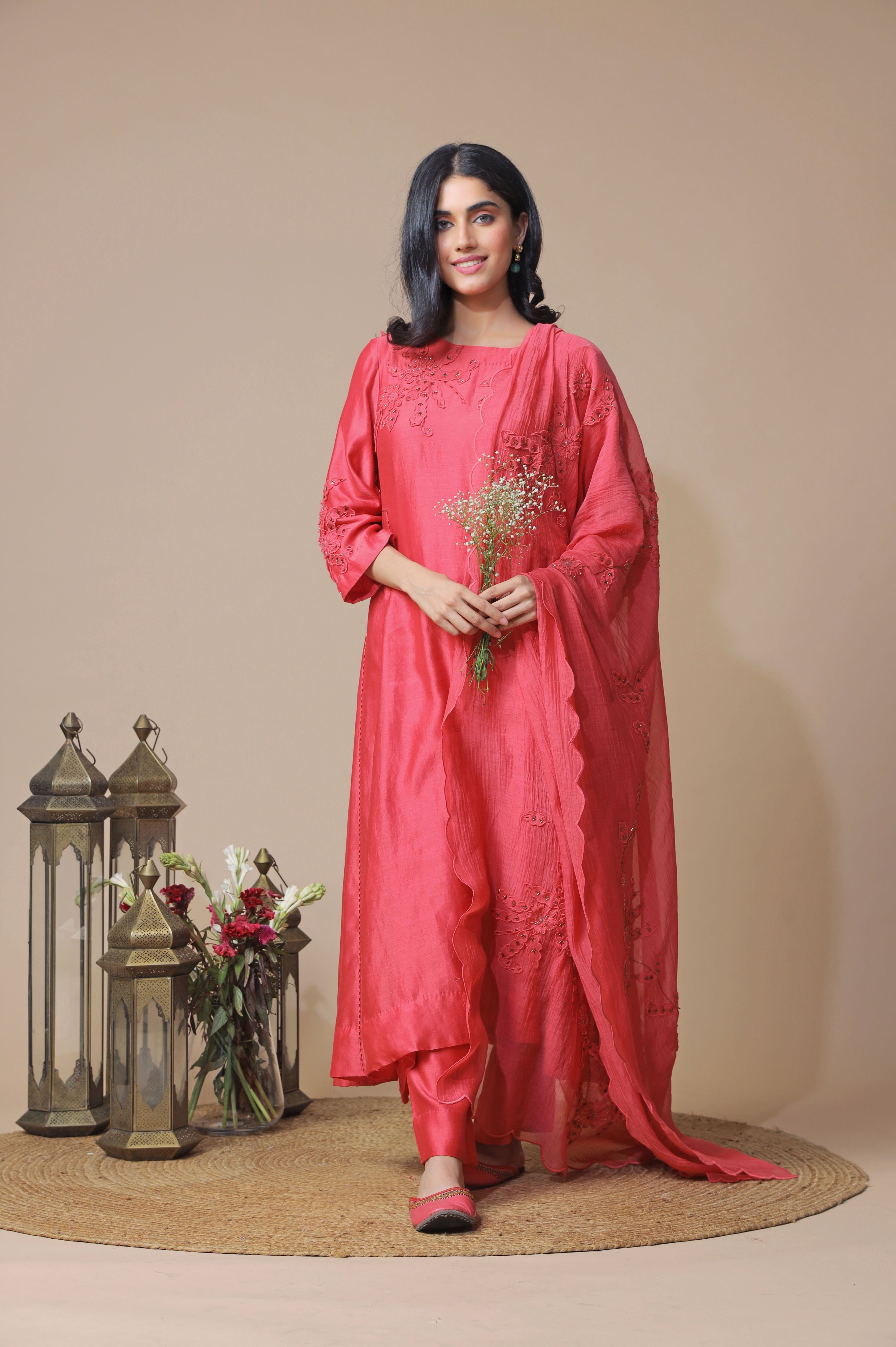Rasberry Chanderi Embroidered Kurta Set