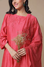 Rasberry Chanderi Embroidered Kurta Set