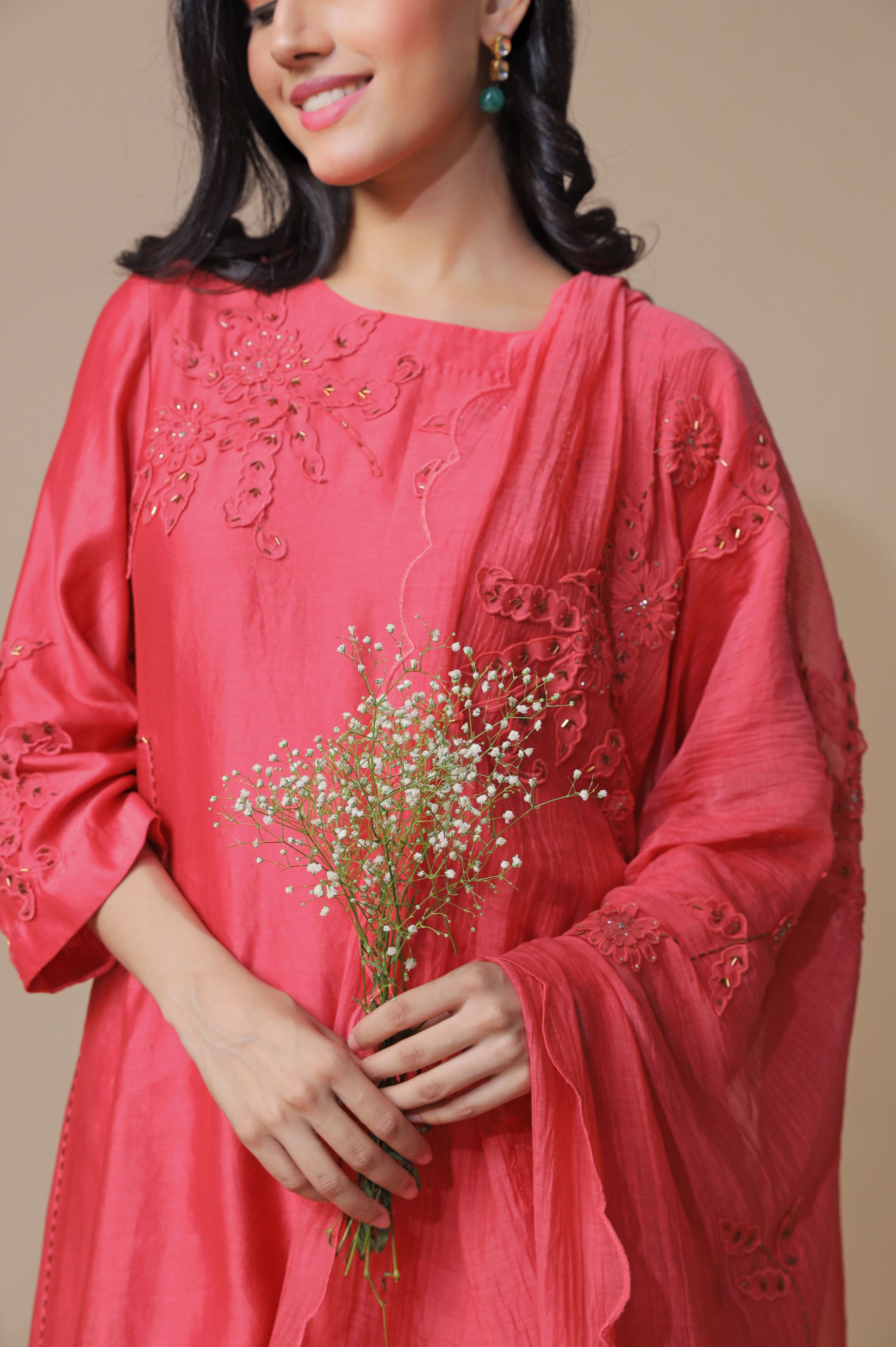 Rasberry Chanderi Embroidered Kurta Set