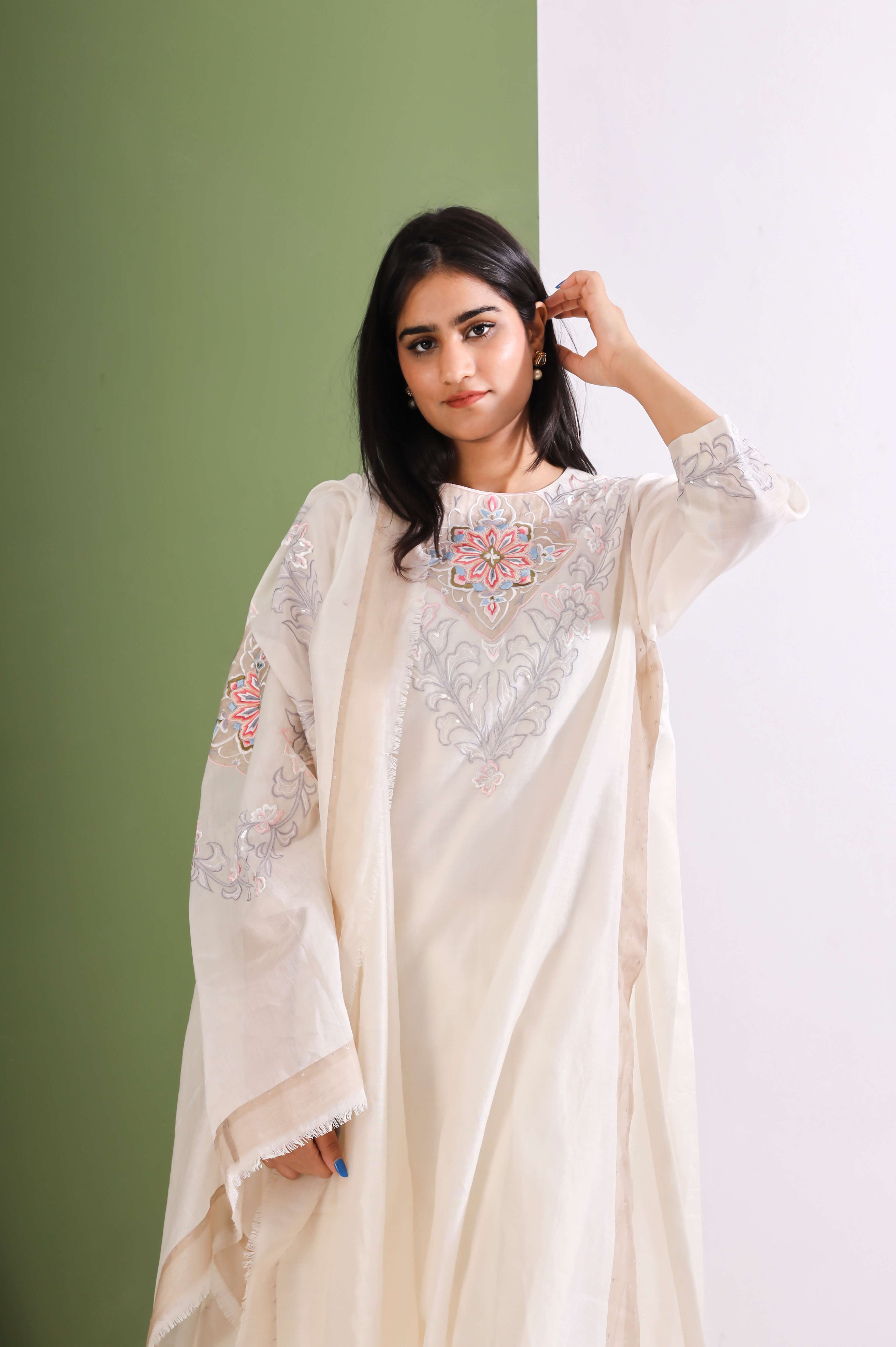 Ivory Beige Embroidered Chanderi Suit
