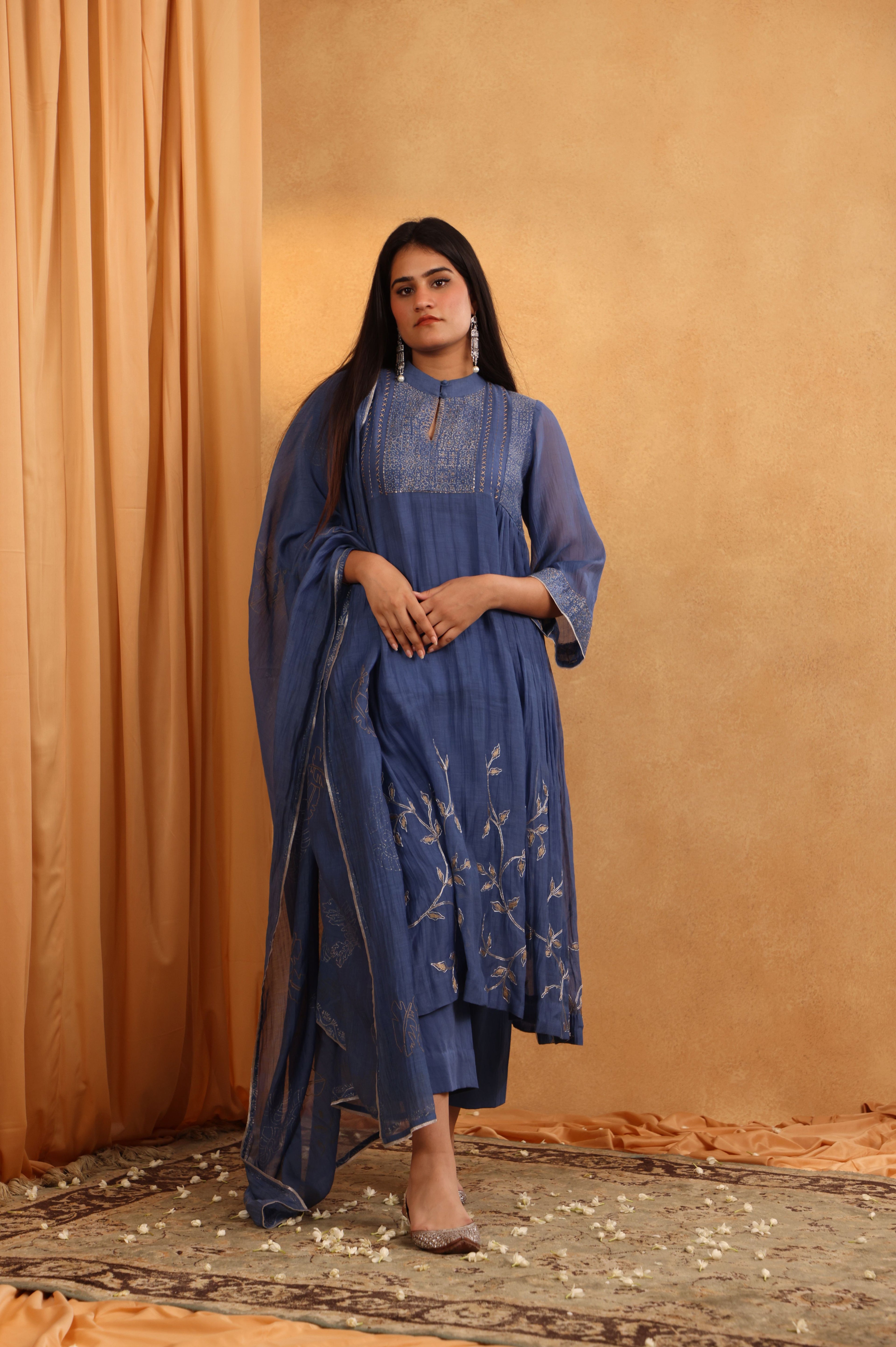 Dusty Blue Handloom Chanderi Suit Set