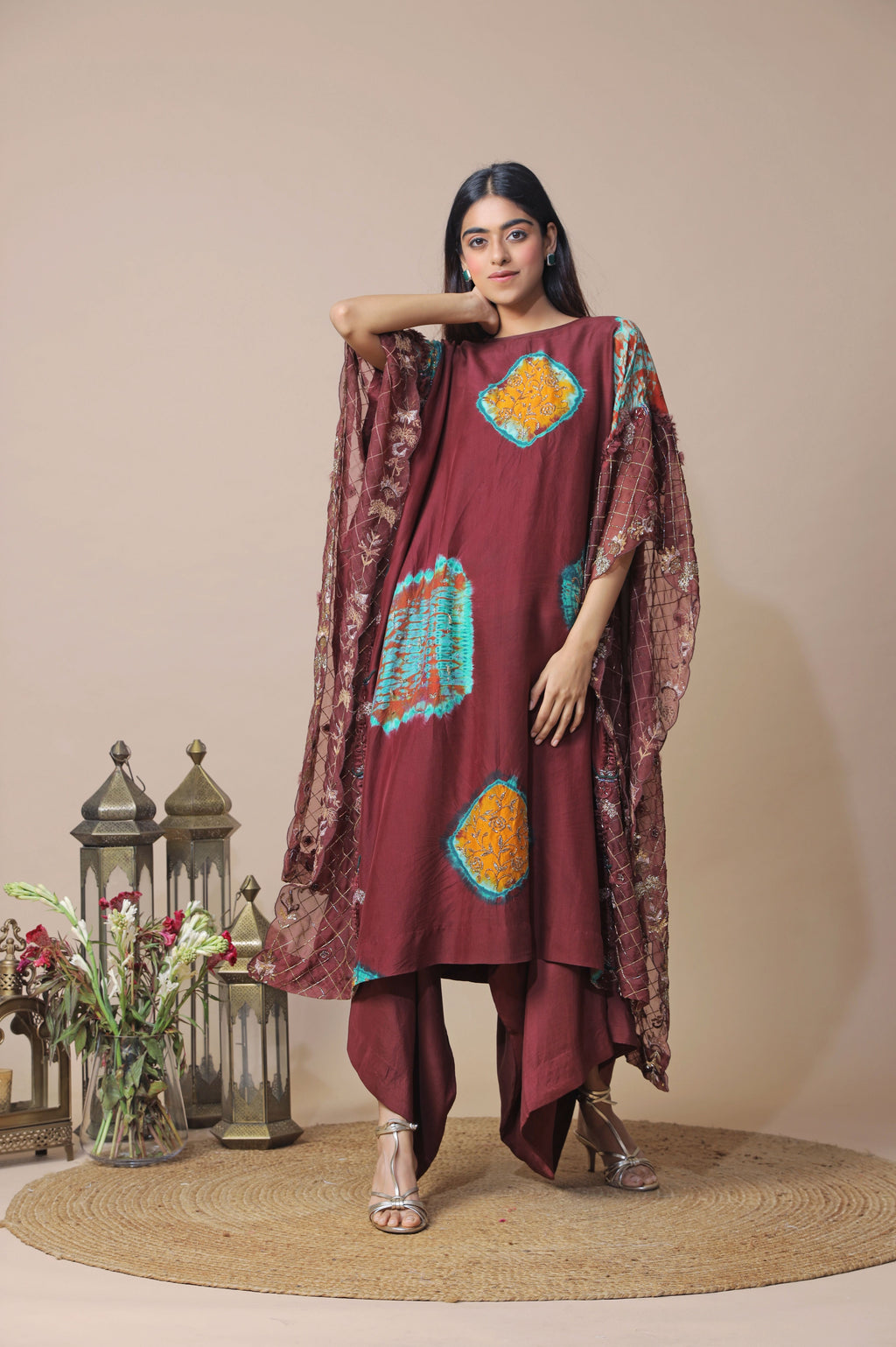 Burgundy Shibori Cape Set