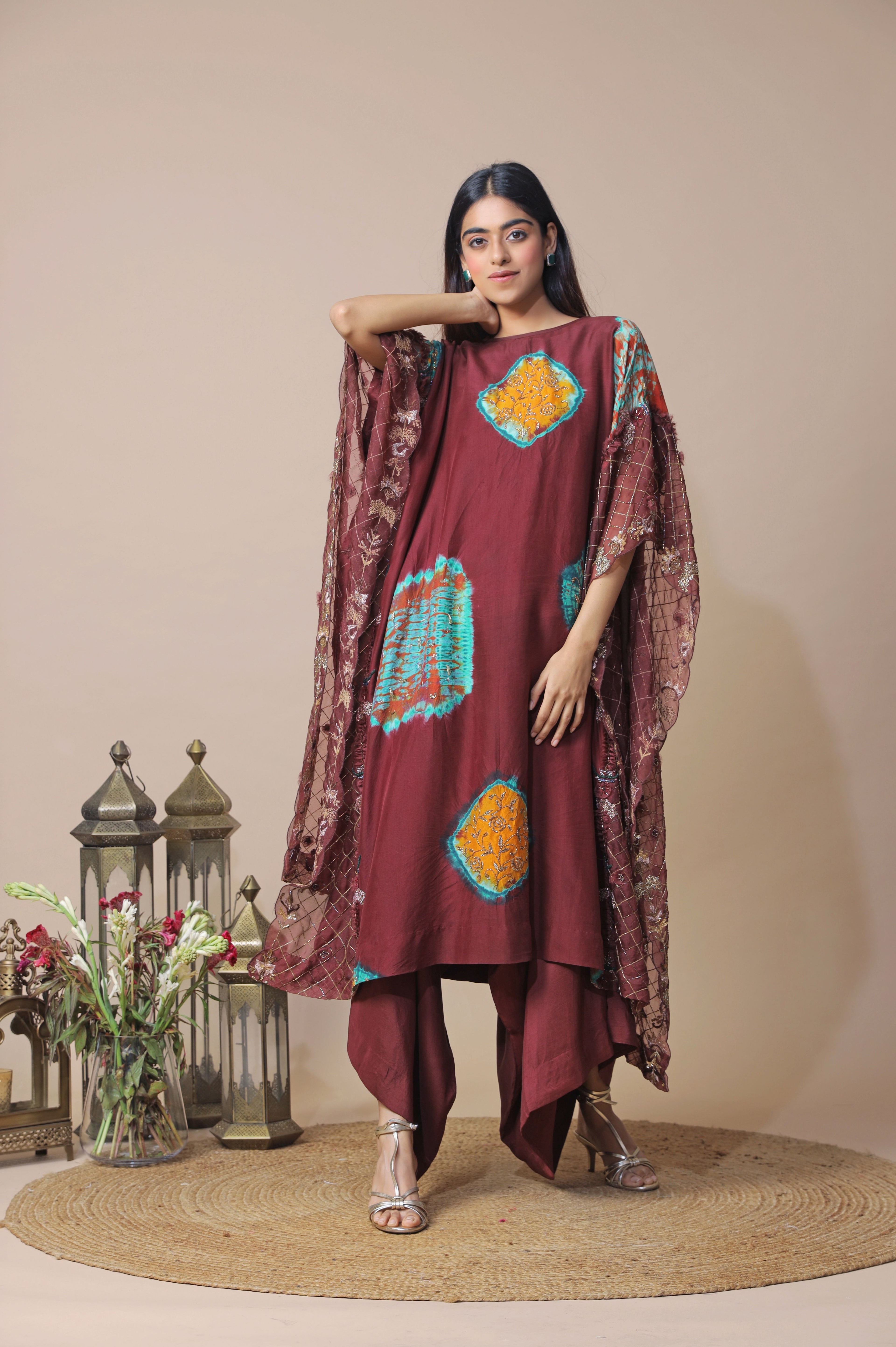 Burgundy Shibori Cape Set