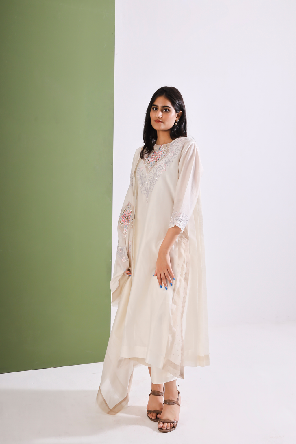 Ivory Beige Embroidered Chanderi Suit