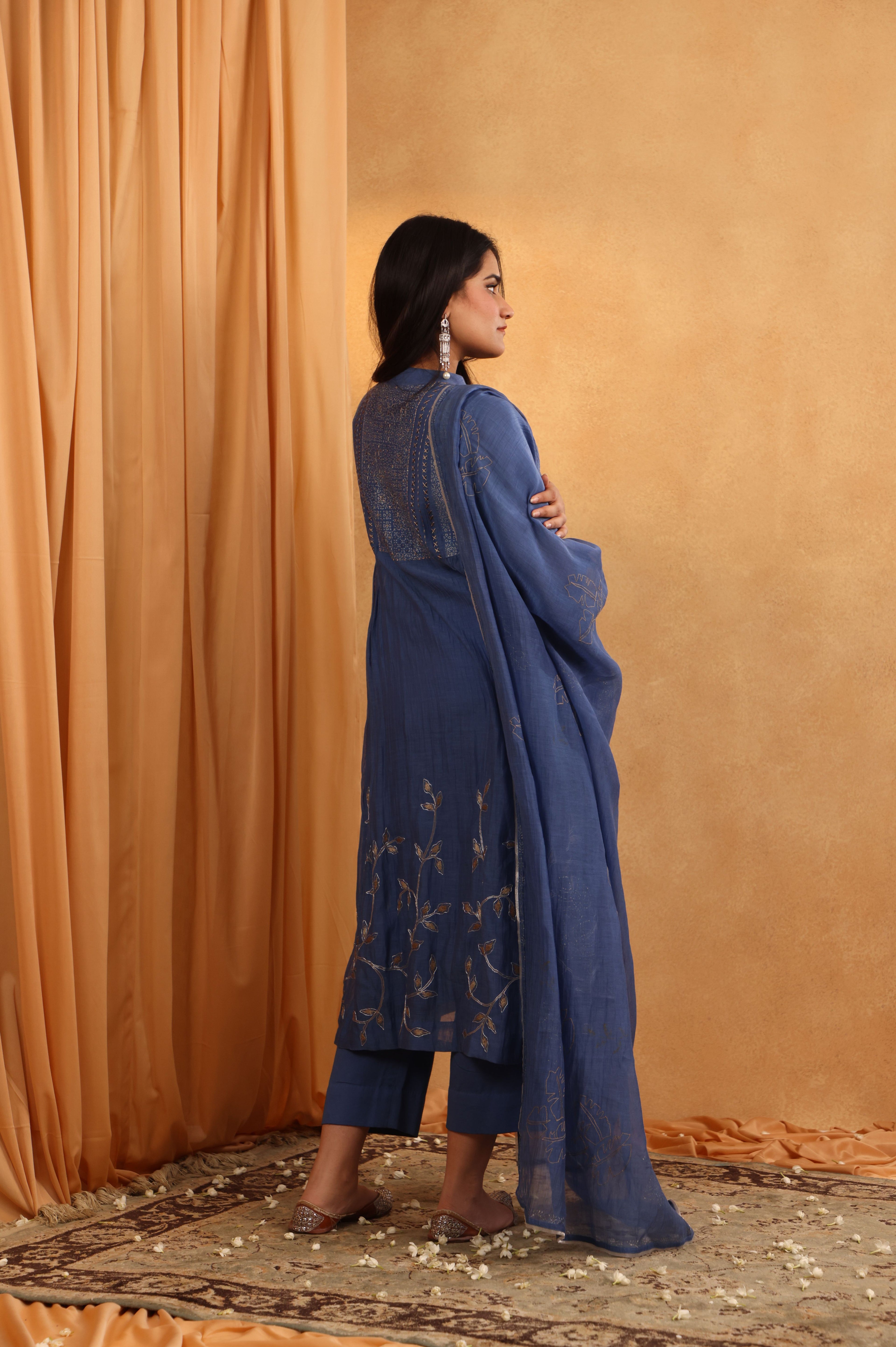 Dusty Blue Handloom Chanderi Suit Set