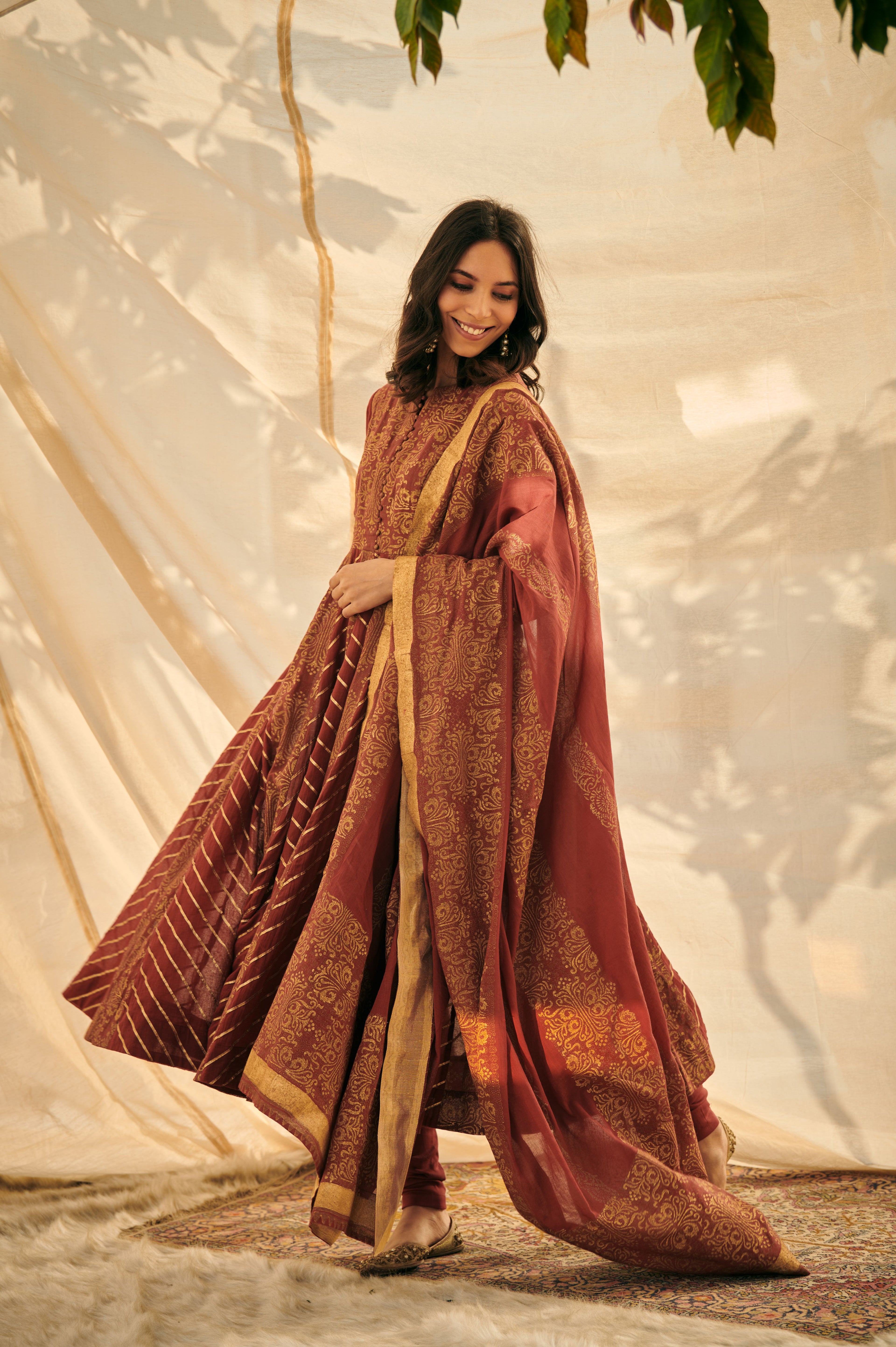 Maroon Malmal Anarkali Set