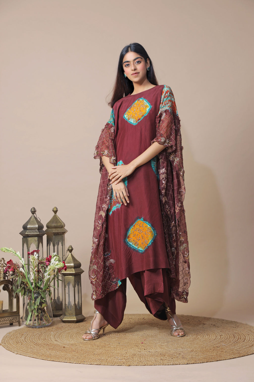 Burgundy Shibori Cape Set