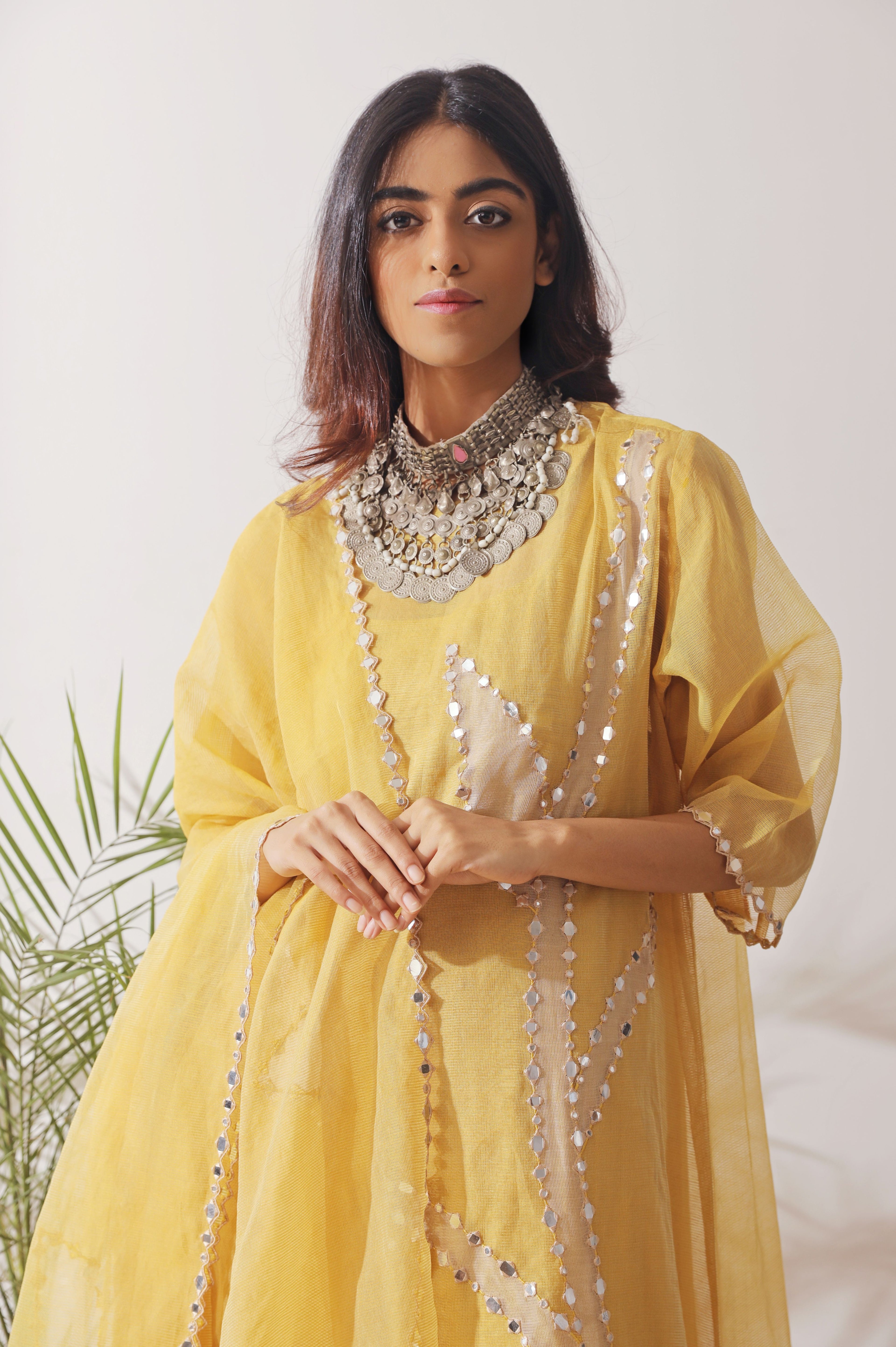 Yellow Beige Chanderi Kurta Set