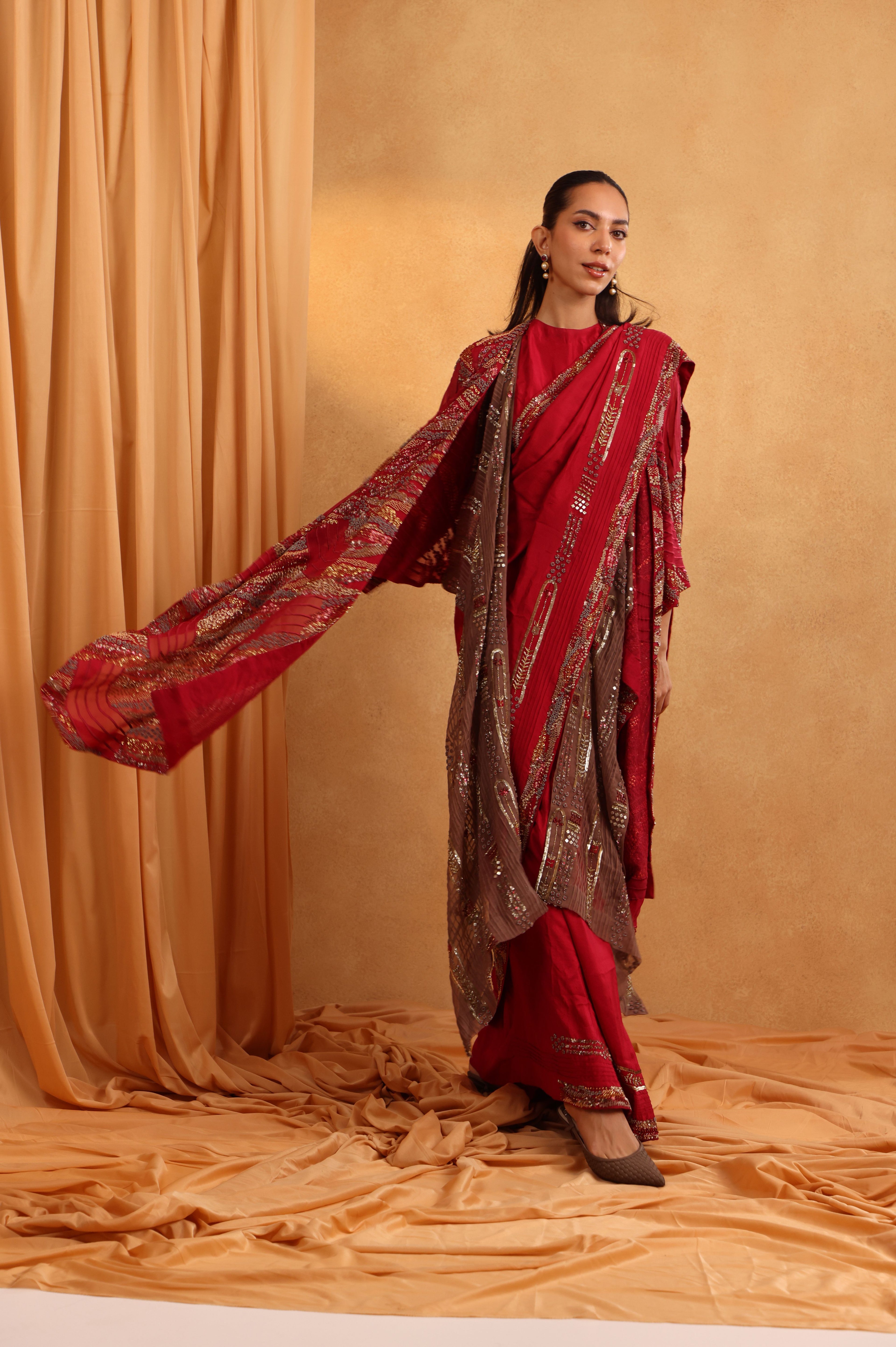 Watermelon Brown Indo-Western Saree Set