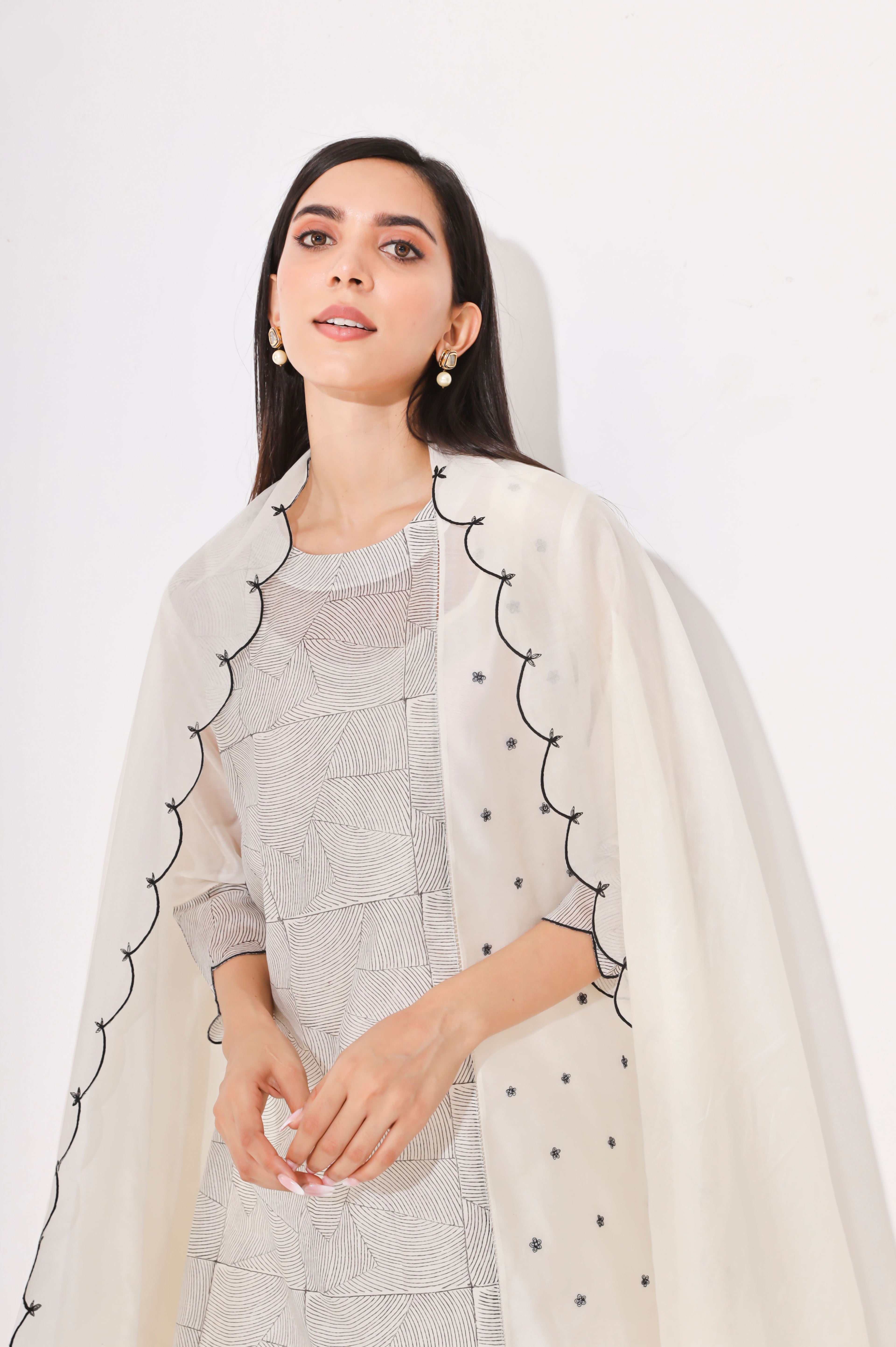 White Black Block Print Chanderi Kurta Set