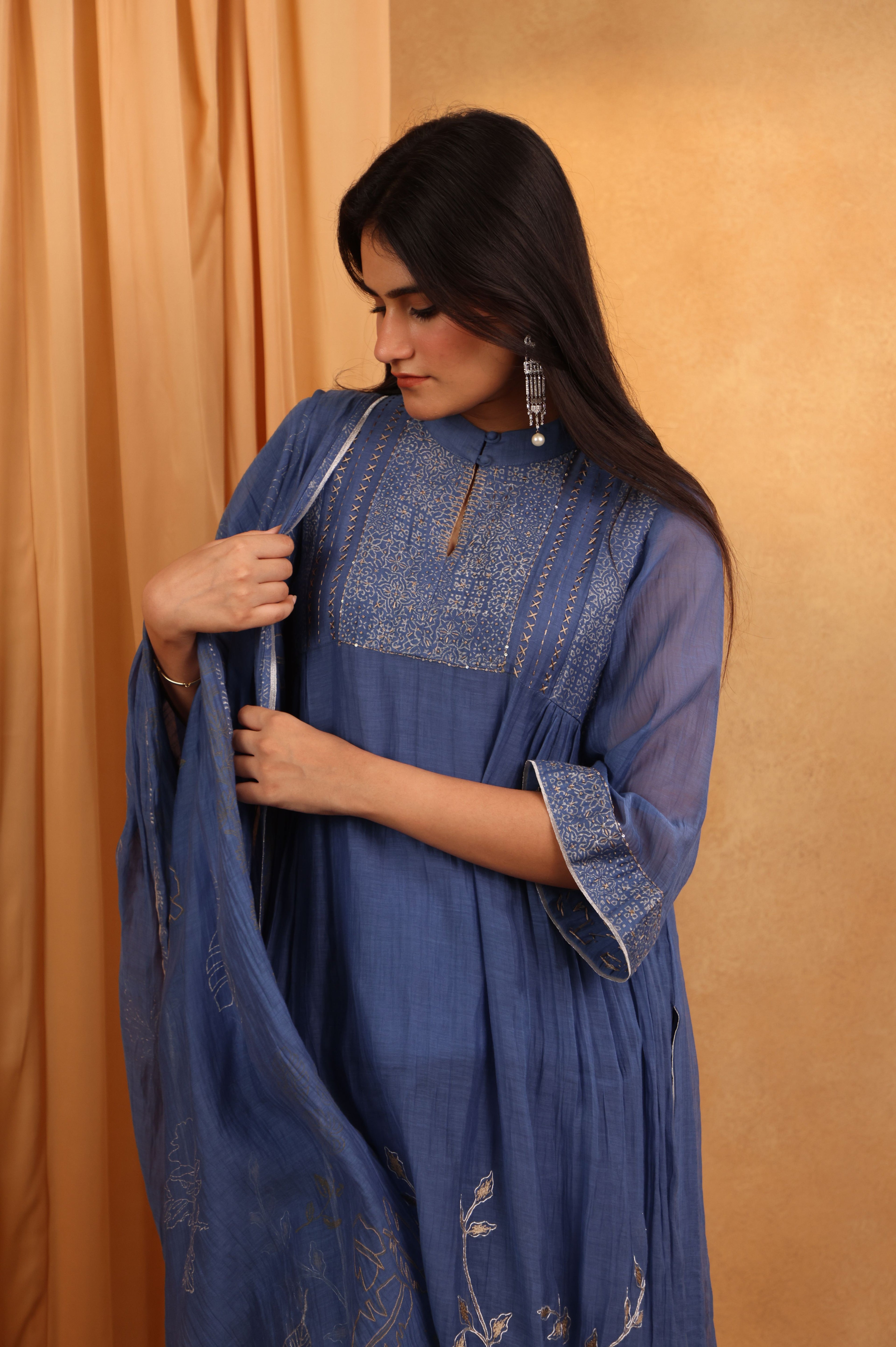 Dusty Blue Handloom Chanderi Suit Set
