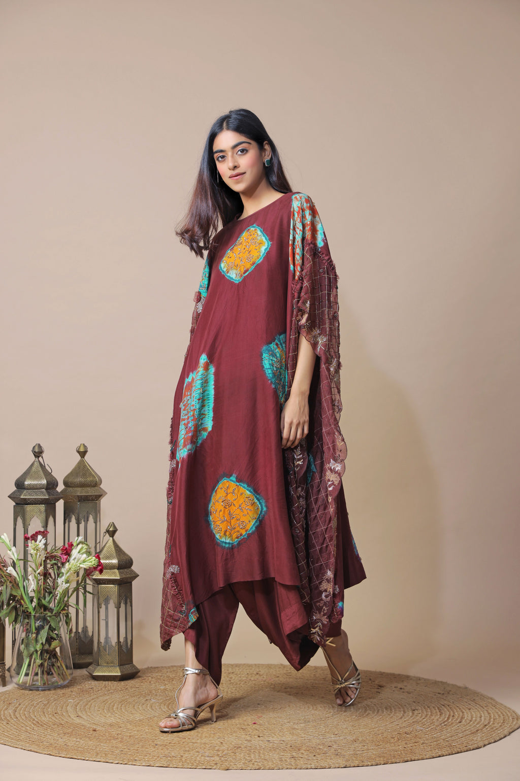 Burgundy Shibori Cape Set