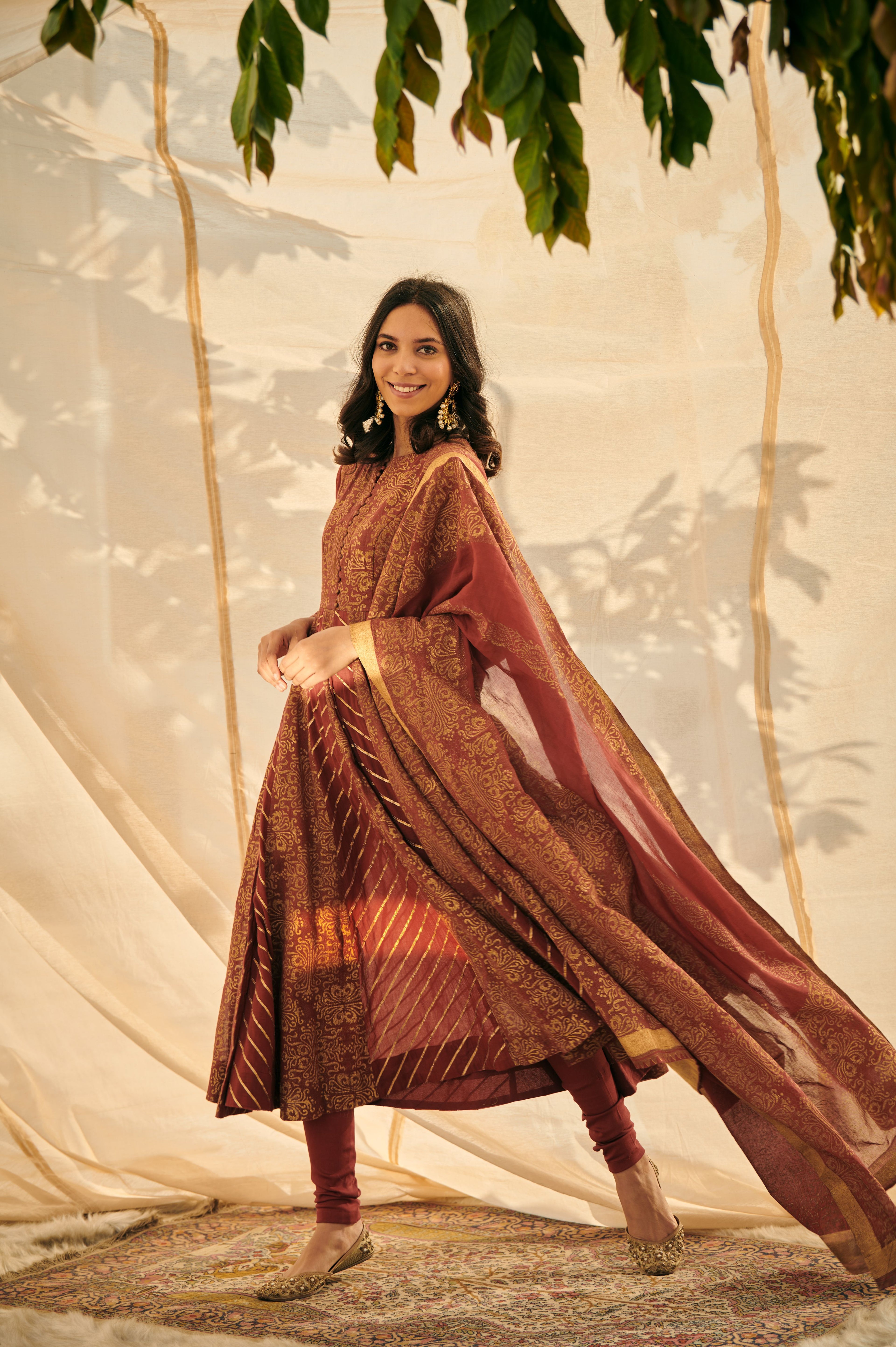 Maroon Malmal Anarkali Set