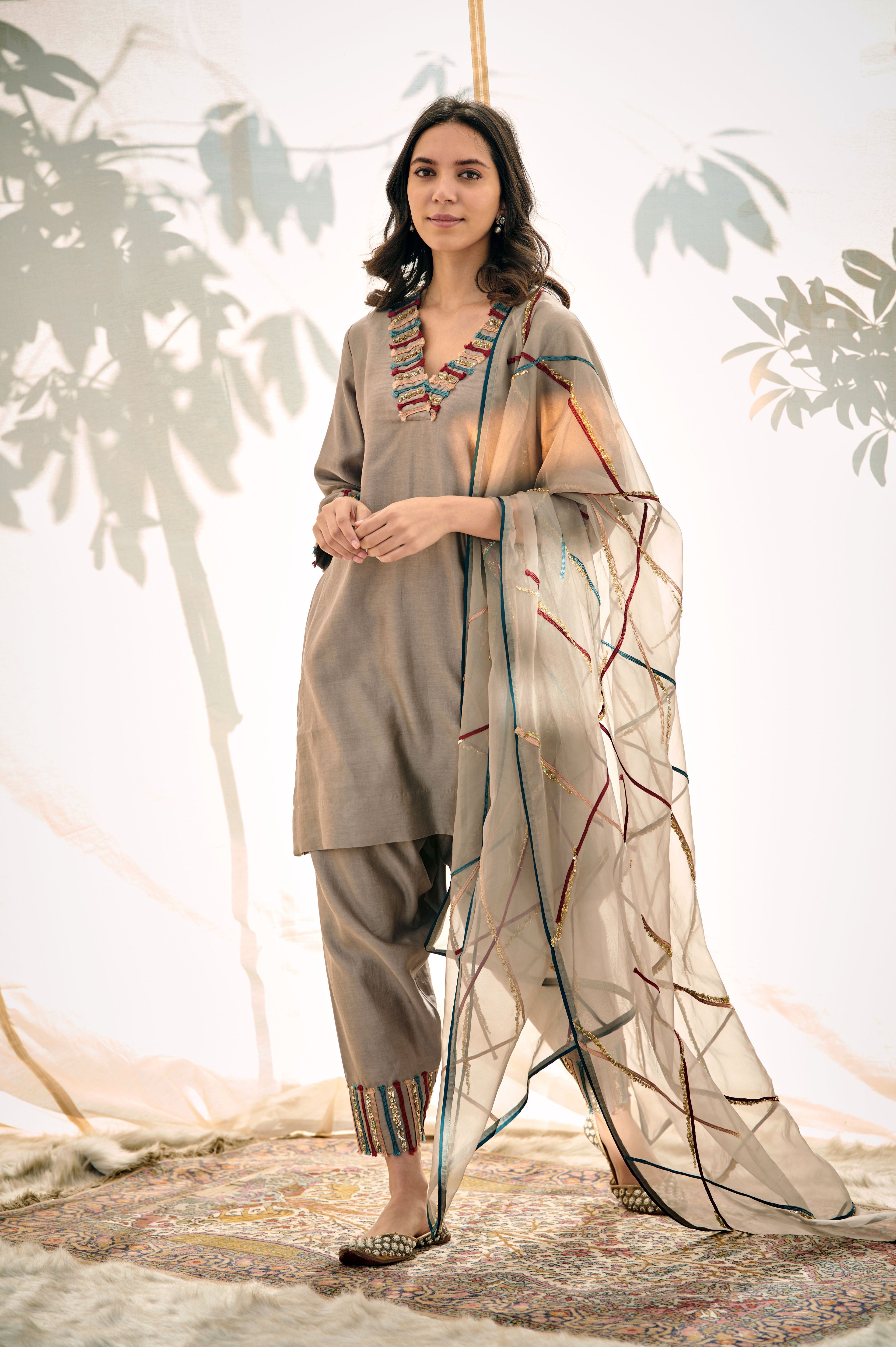 Grey Chanderi Embroidered Suit