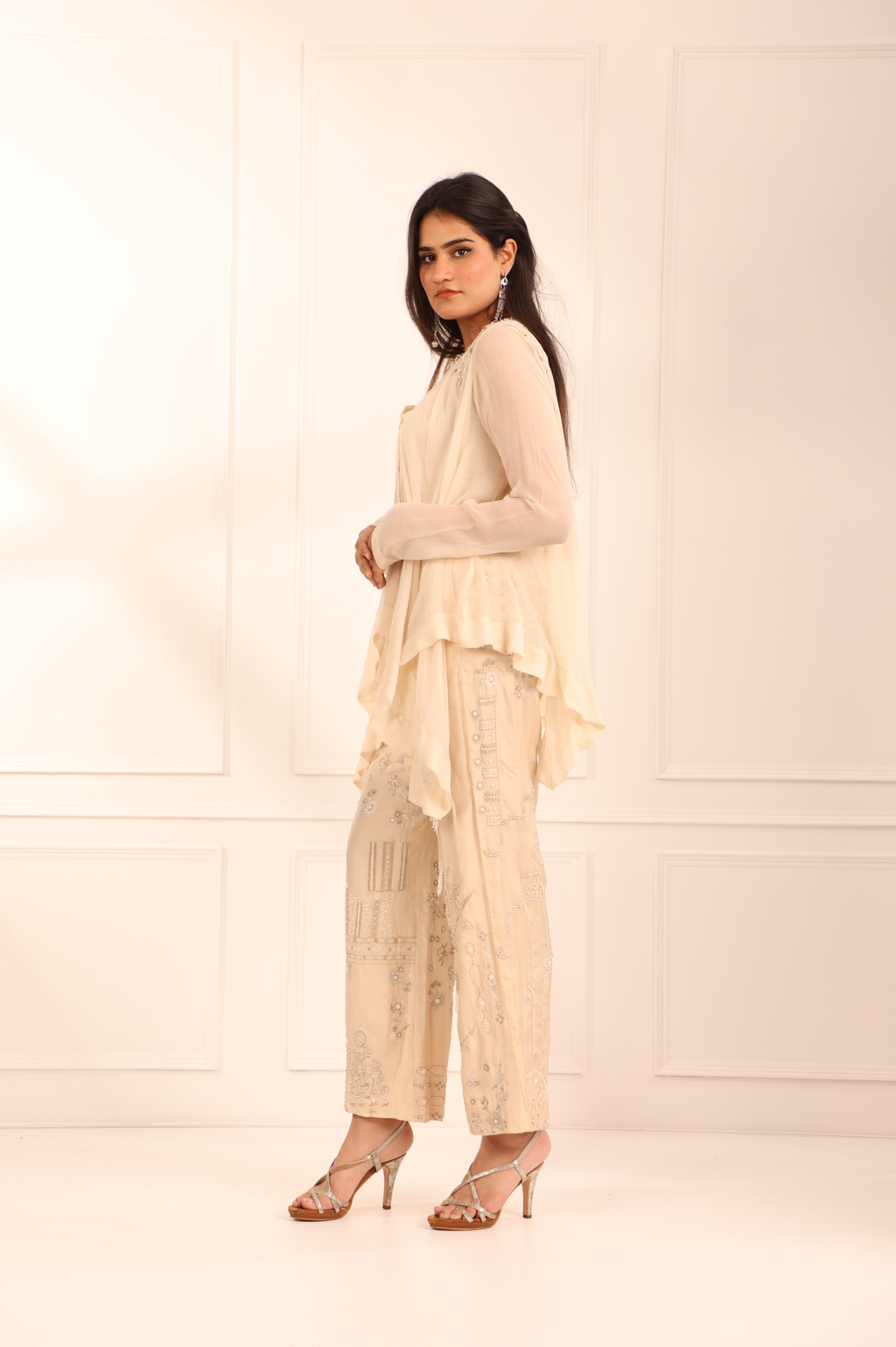 Off White Asymmetric Chiffon Shirt Set
