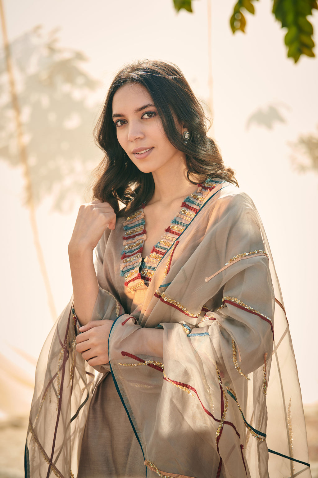 Grey Chanderi Embroidered Suit