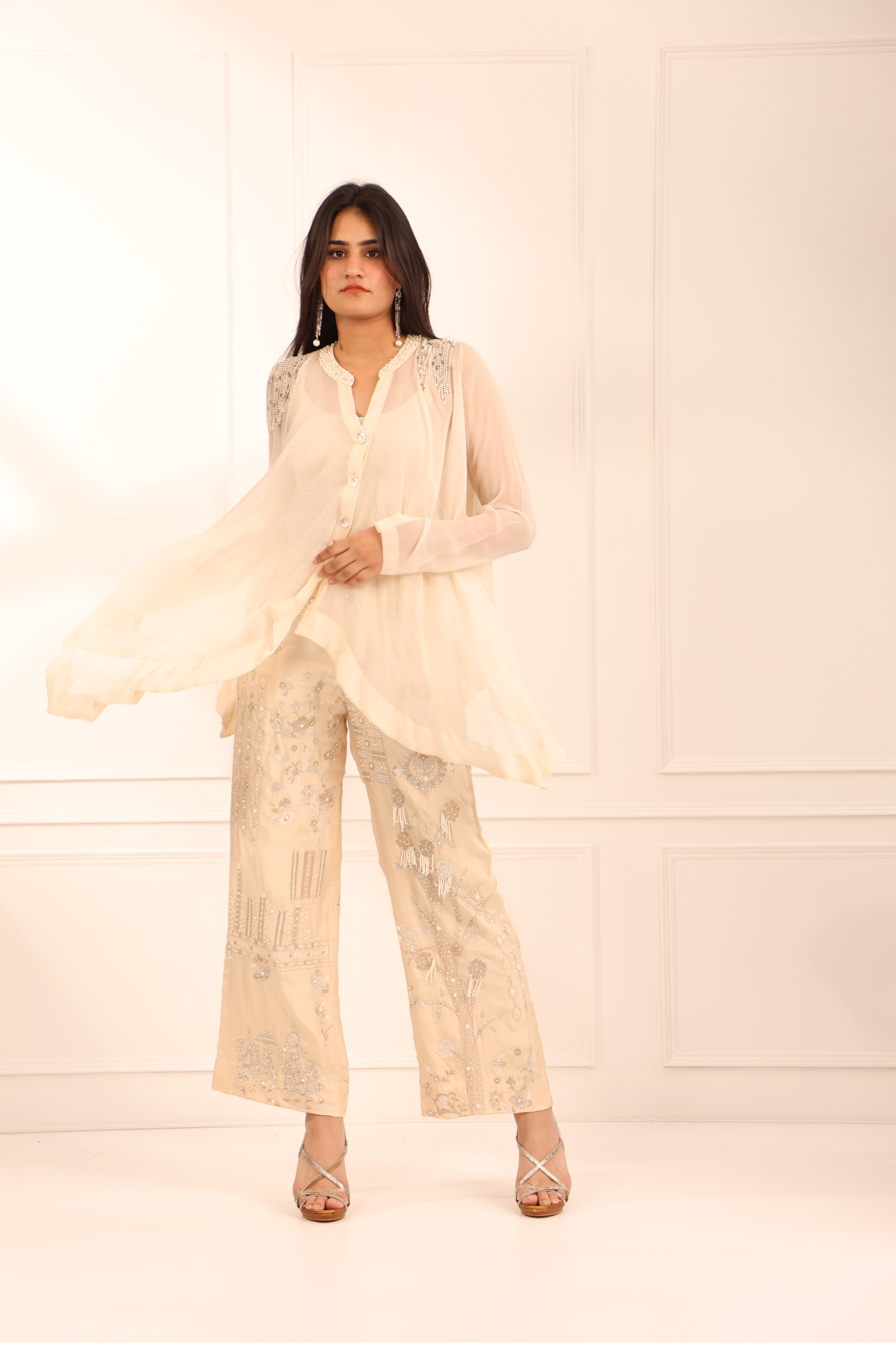 Off White Asymmetric Chiffon Shirt Set