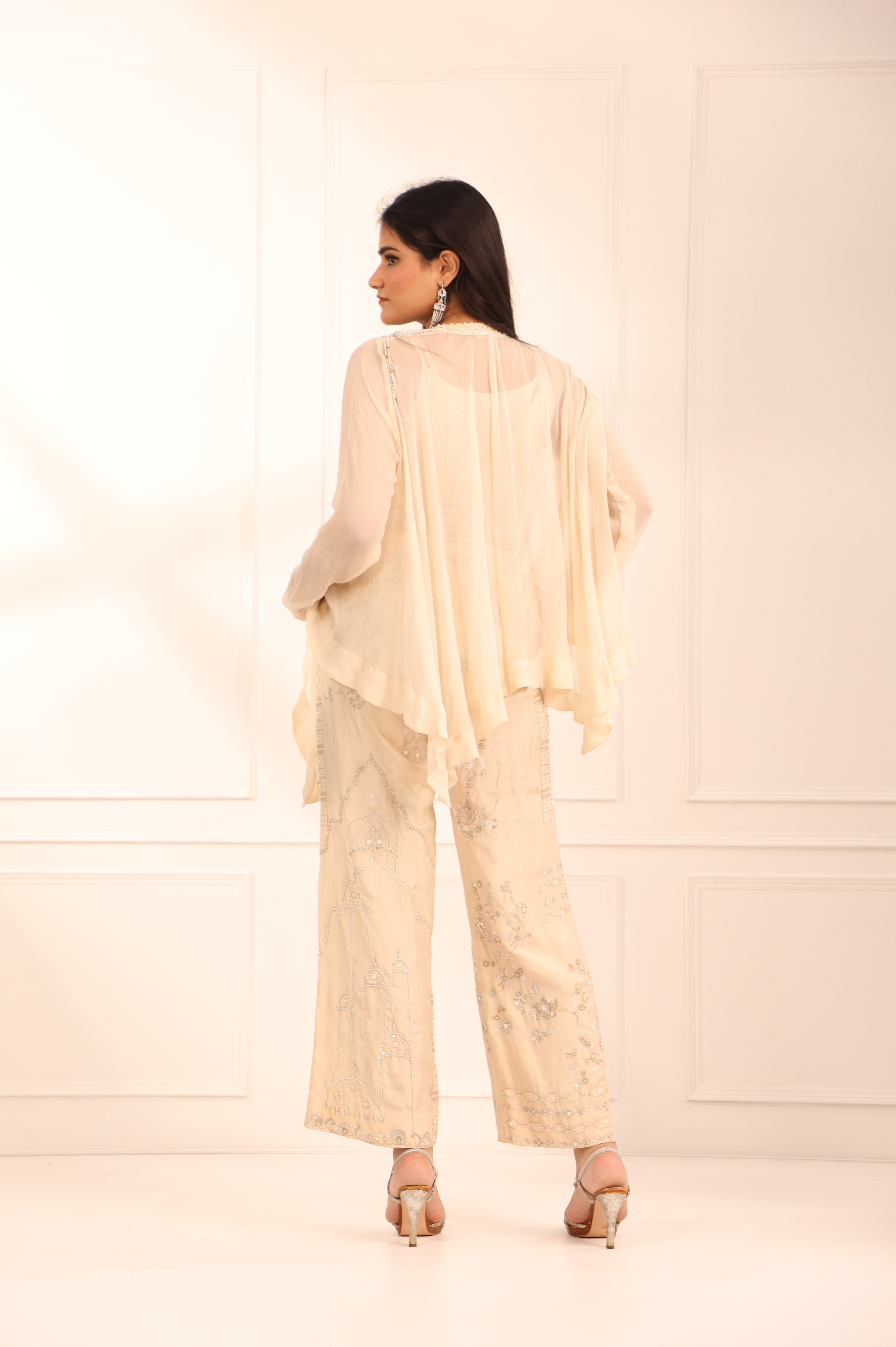 Off White Asymmetric Chiffon Shirt Set