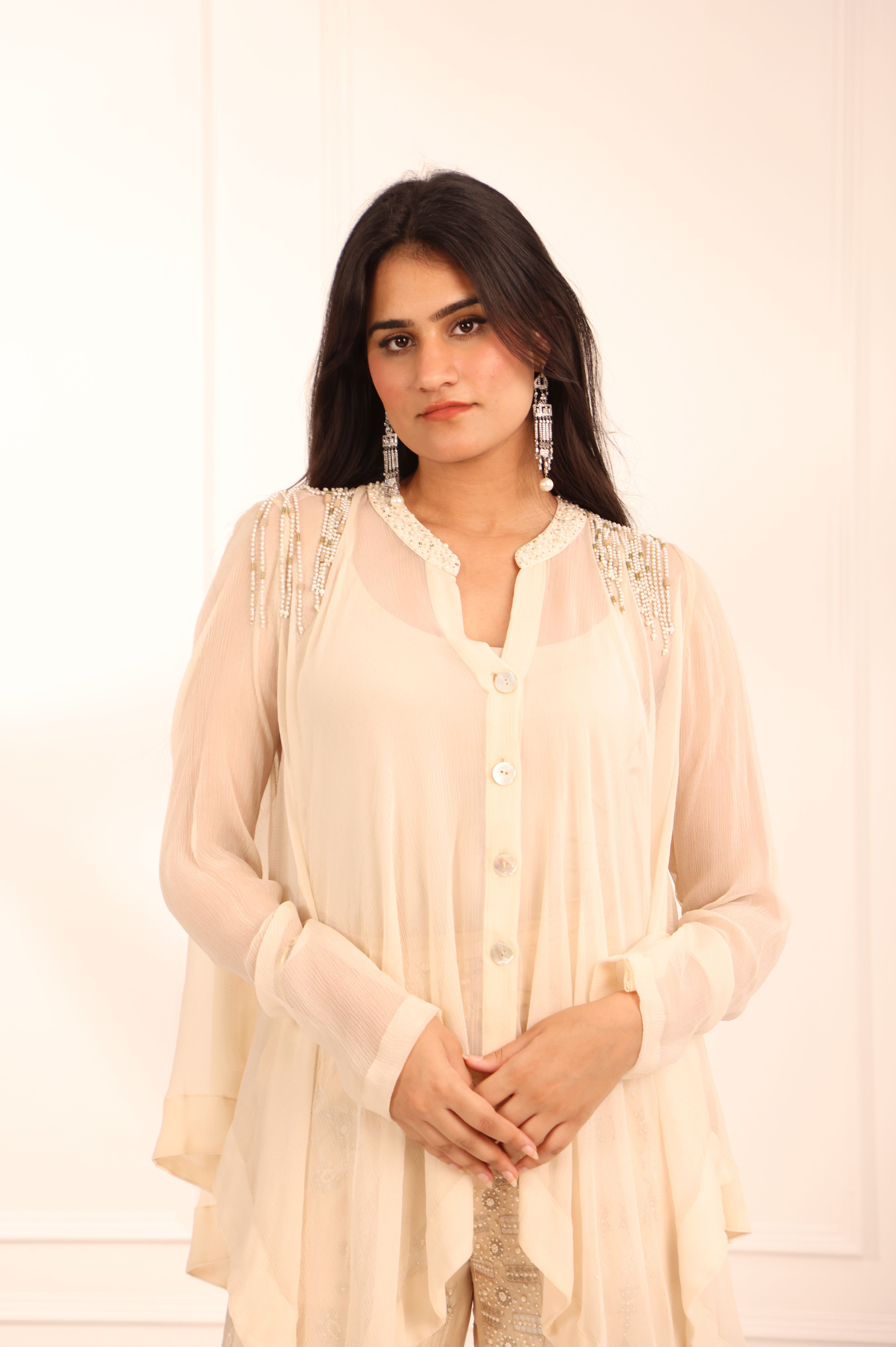 Off White Asymmetric Chiffon Shirt Set