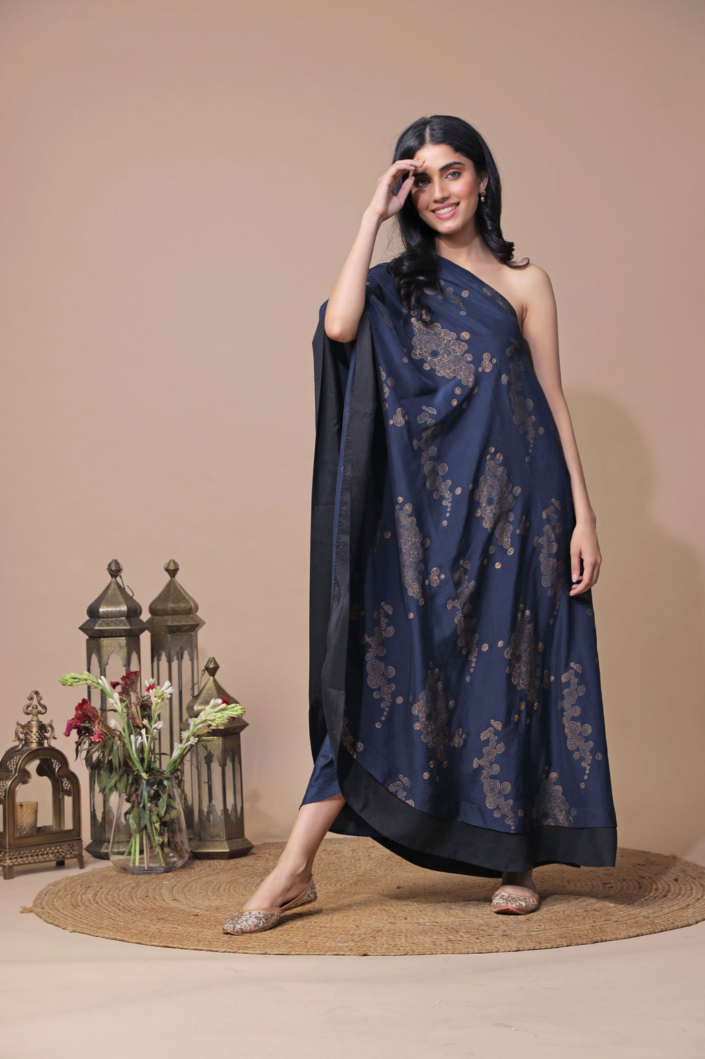 Navy Blue One Shoulder Cape Set