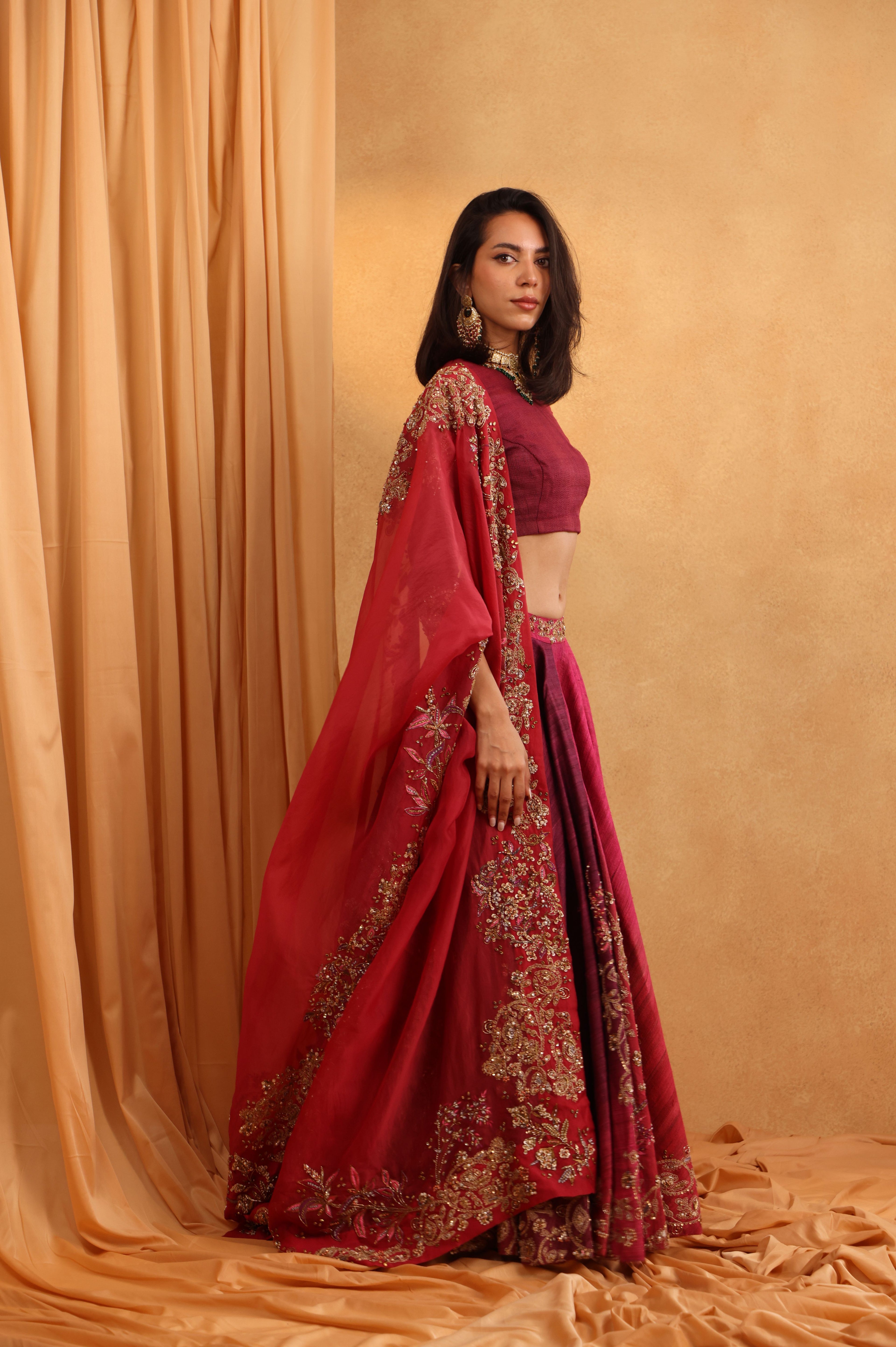 Ombre Burgundy Zardozi Lehenga Set