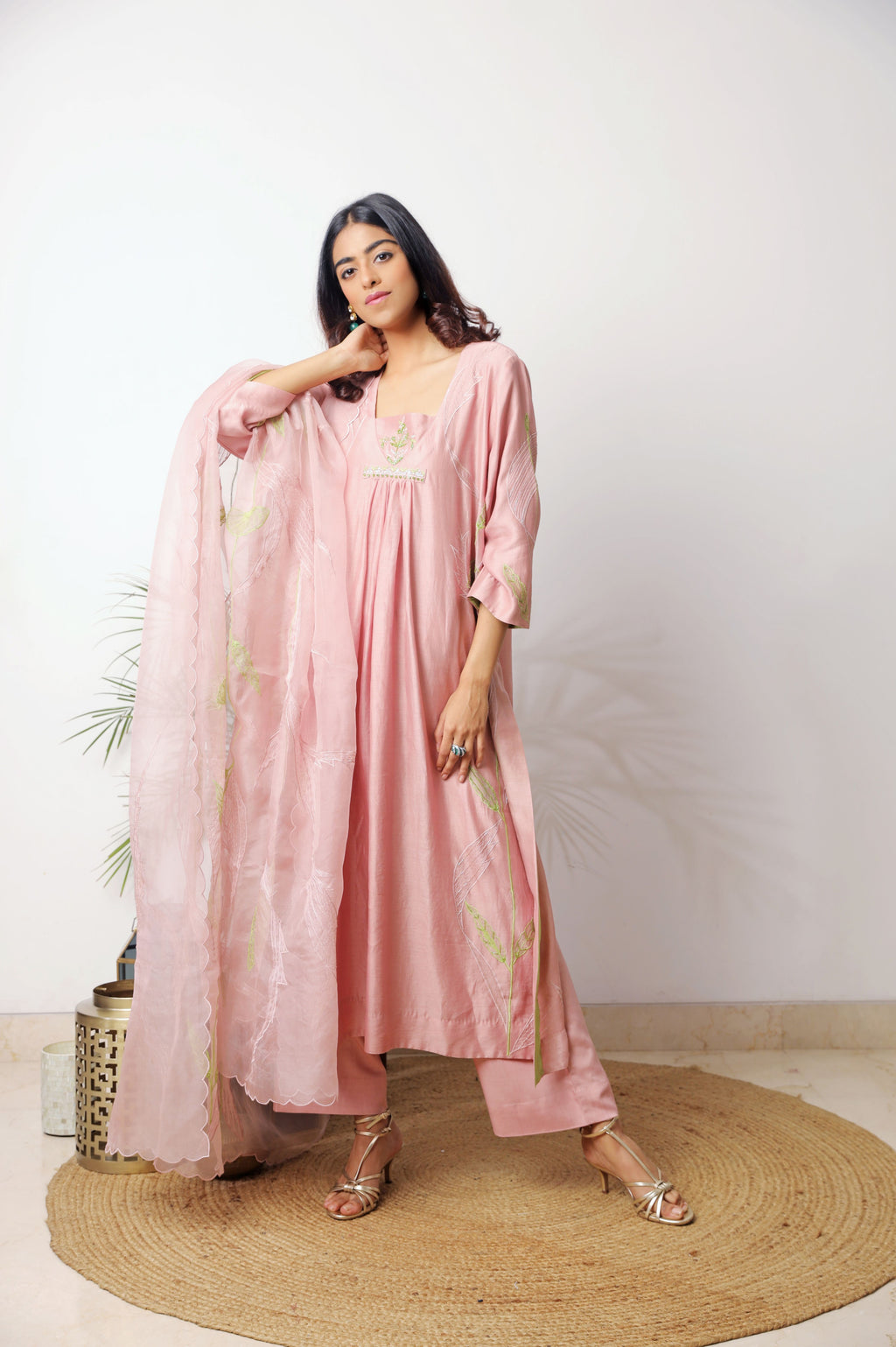 Pink Chanderi Embroidered Kurta Set